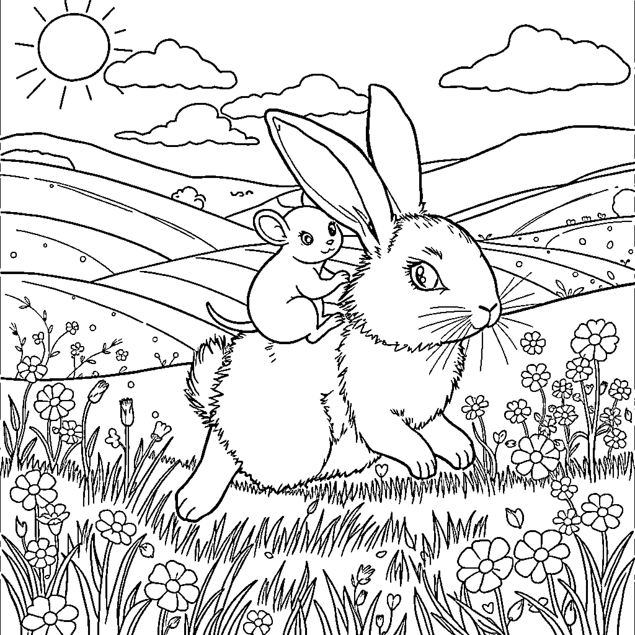 Mouse exploring a scenic countryside landscape Coloring Page (free black-and-white line drawing printable PDF for all, from beginners to advanced learners, including children, teens, adults, and seniors)