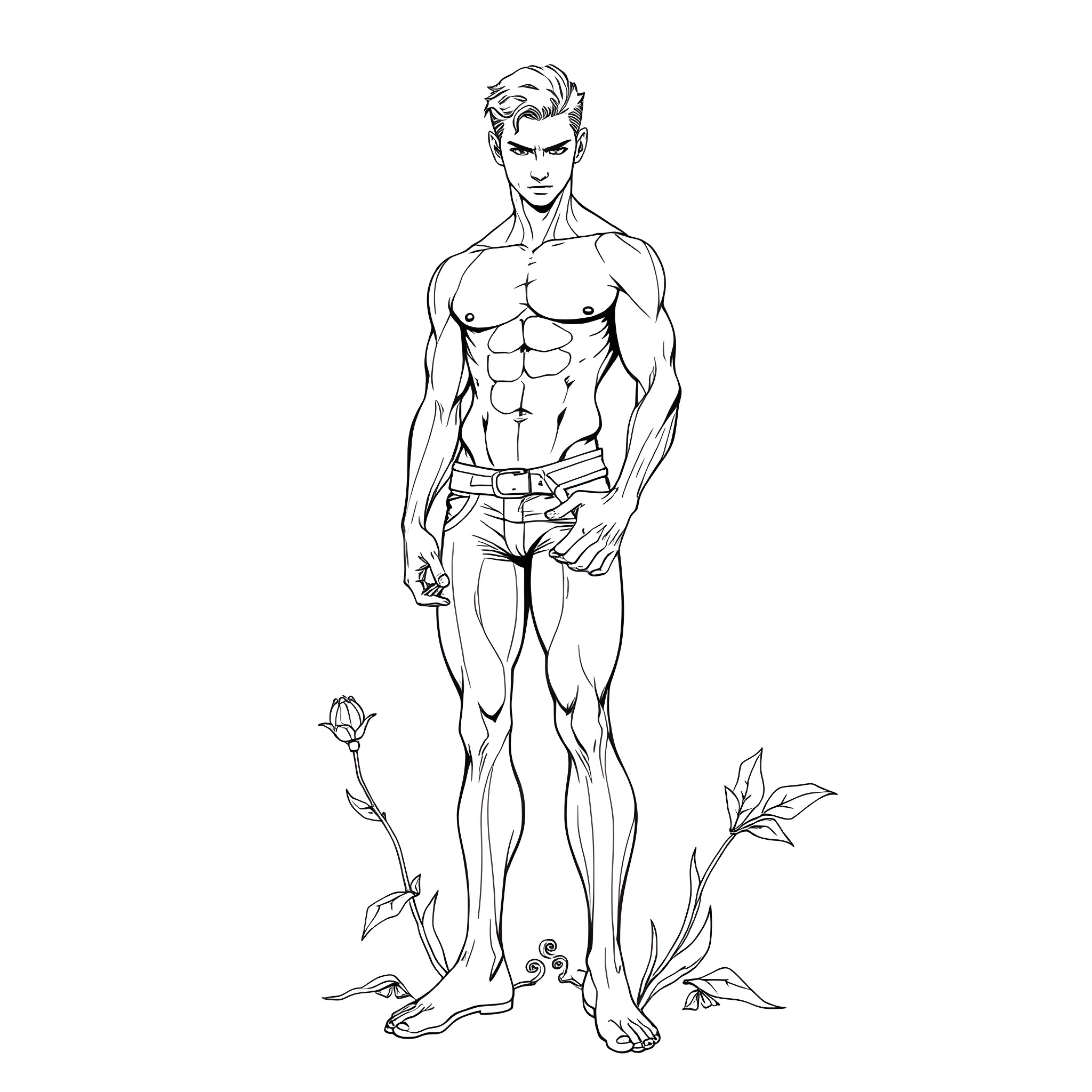 Man in athletic pose with nature elements Coloring Page (free black-and-white line drawing printable PDF for all, from beginners to advanced learners, including children, teens, adults, and seniors)