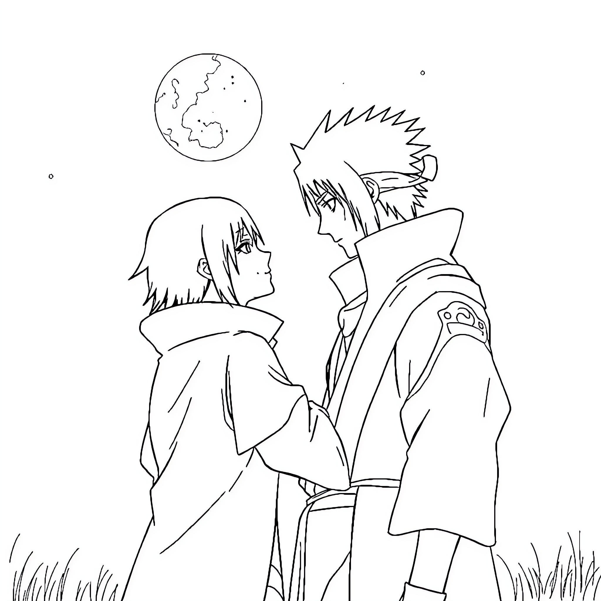 Itachi and Sasuke discussing under the night sky Coloring Page (free black-and-white line drawing printable PDF for all, from beginners to advanced learners, including children, teens, adults, and seniors)