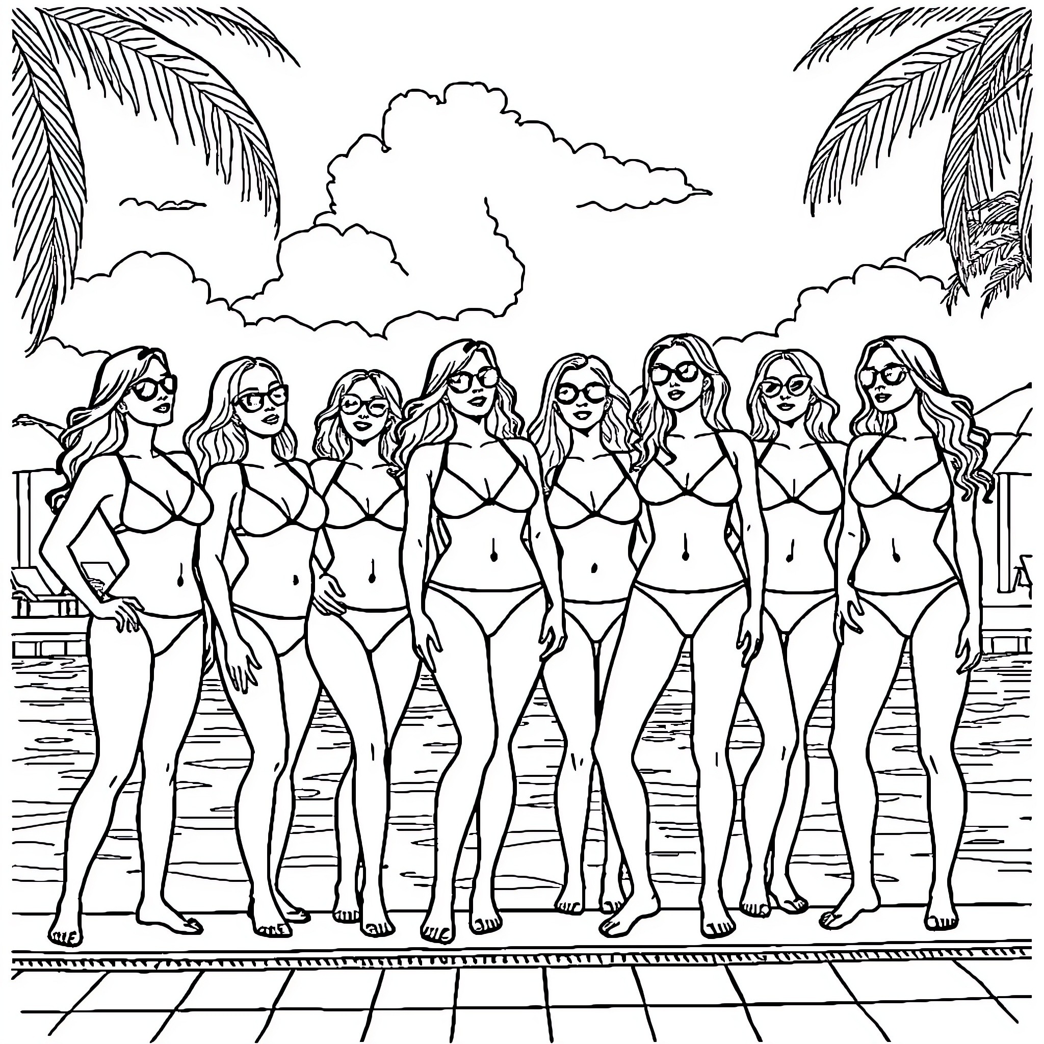 Women posing in swimsuits on a beach Coloring Page (free black-and-white line drawing printable PDF for all, from beginners to advanced learners, including children, teens, adults, and seniors)