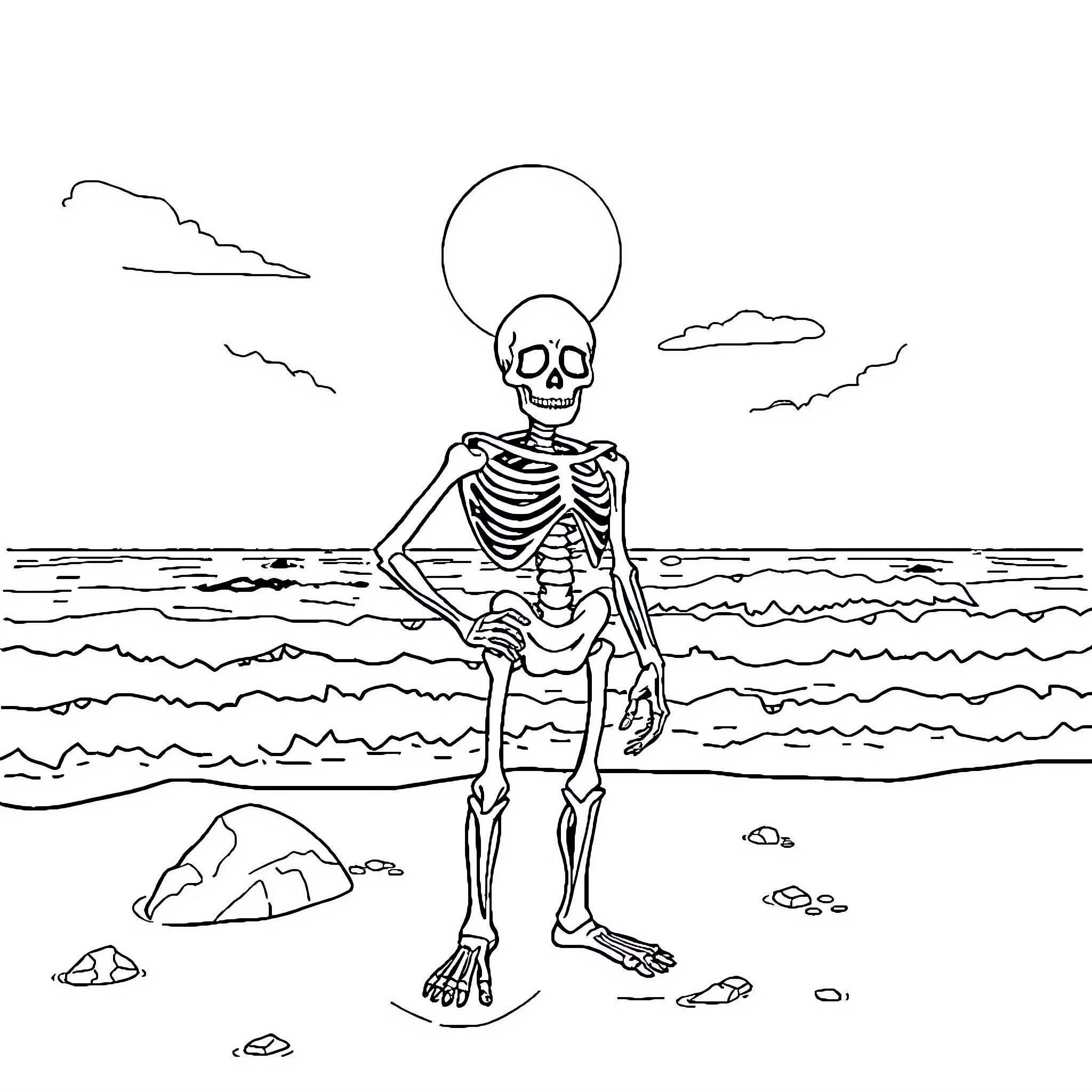 Skeletor wading in the ocean on a sunny day Coloring Page (free black-and-white line drawing printable PDF for all, from beginners to advanced learners, including children, teens, adults, and seniors)