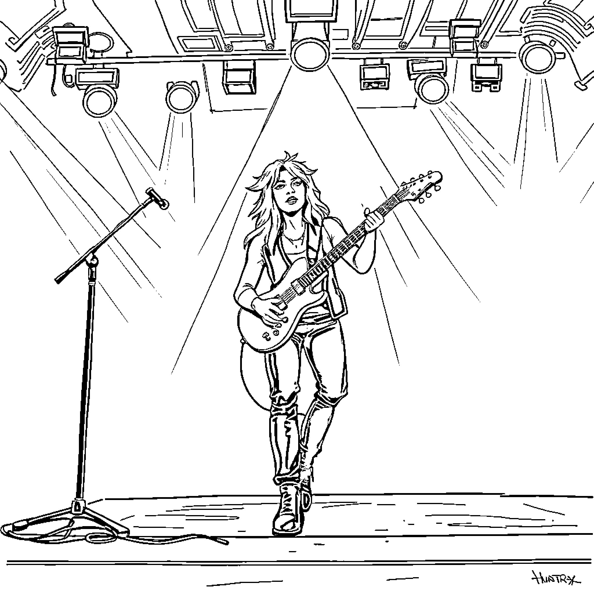 Huntrix Rocking the Stage Coloring Page (free black-and-white line drawing printable PDF for all, from beginners to advanced learners, including children, teens, adults, and seniors)