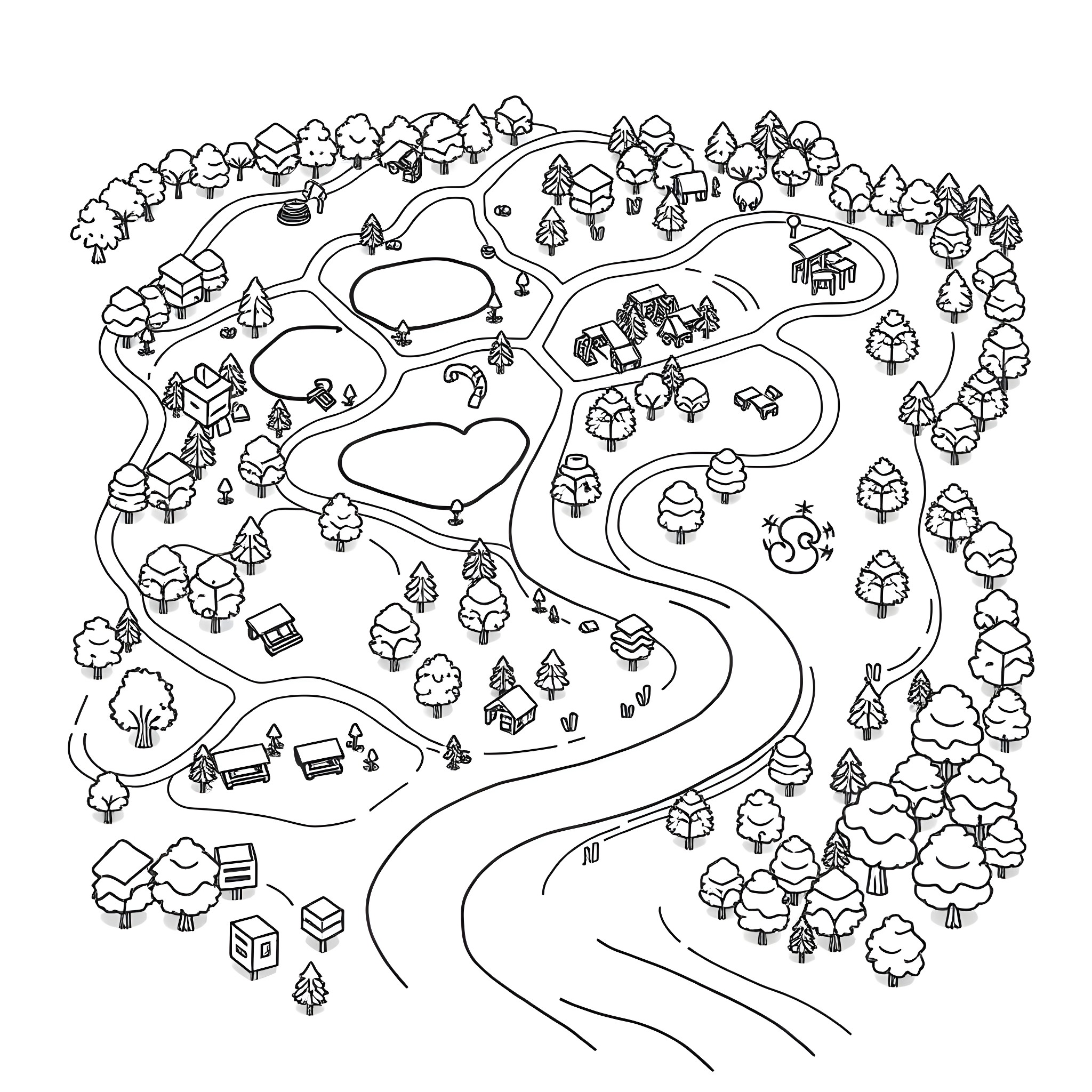 Park with winding paths and various scenes Coloring Page (free black-and-white line drawing printable PDF for all, from beginners to advanced learners, including children, teens, adults, and seniors)