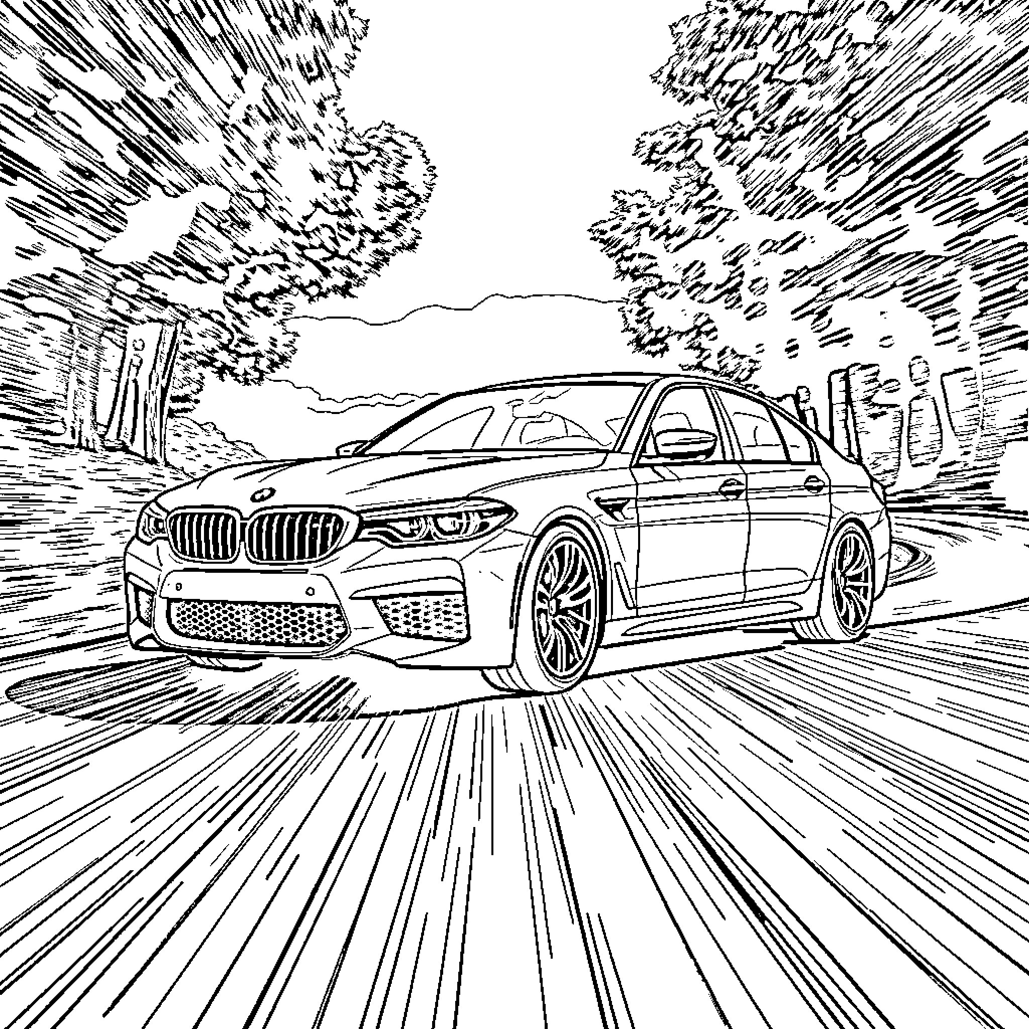 BMW speeding through the countryside Coloring Page (free black-and-white line drawing printable PDF for all, from beginners to advanced learners, including children, teens, adults, and seniors)