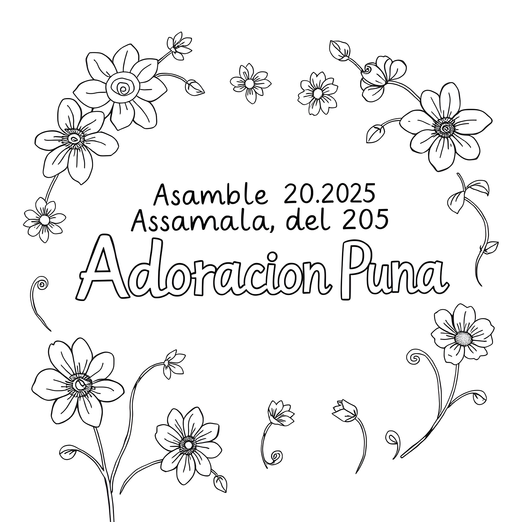Flower-filled banner with text for Adoracion Puna event Coloring Page (free black-and-white line drawing printable PDF for all, from beginners to advanced learners, including children, teens, adults, and seniors)