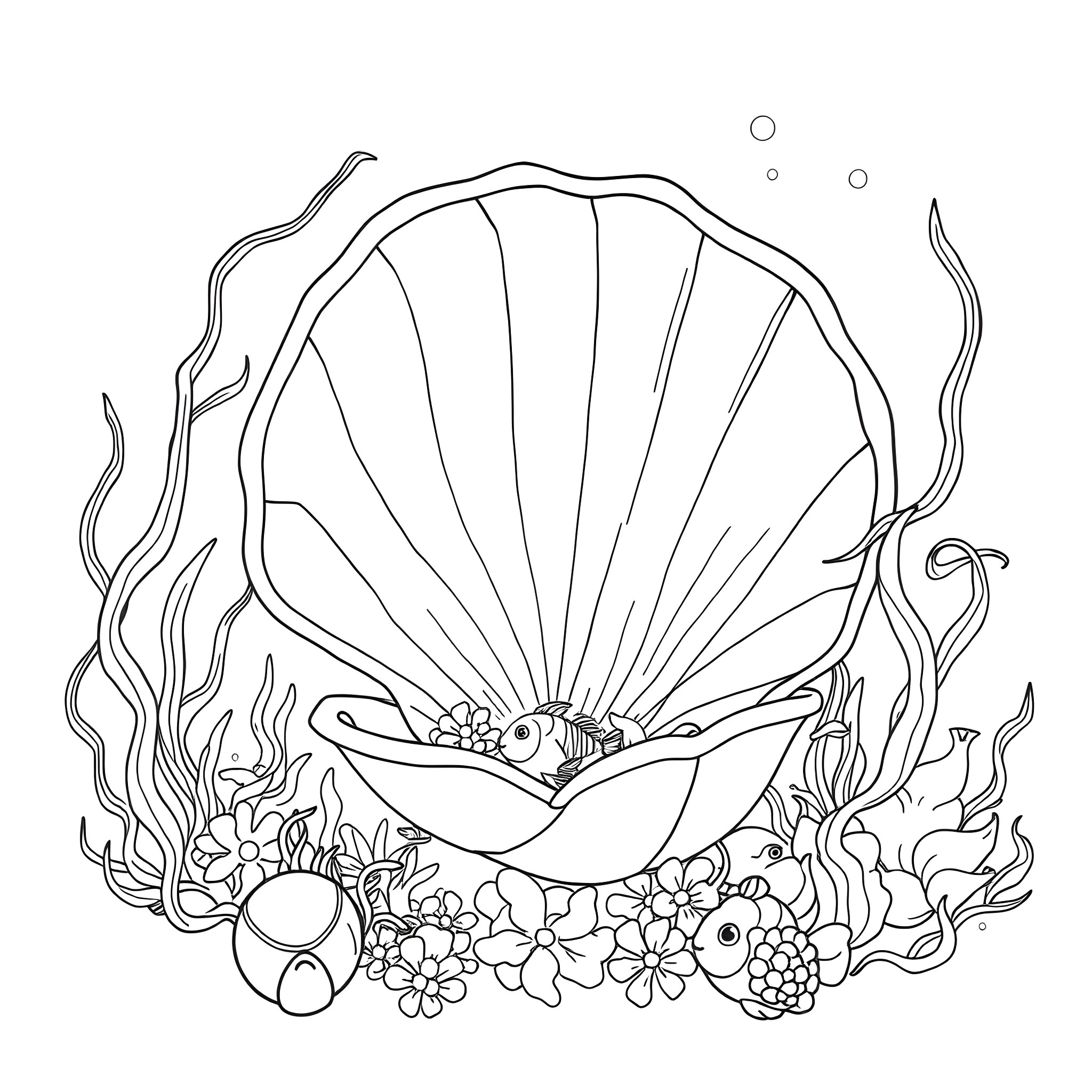Seashell with marine life and flora Coloring Page (free black-and-white line drawing printable PDF for all, from beginners to advanced learners, including children, teens, adults, and seniors)