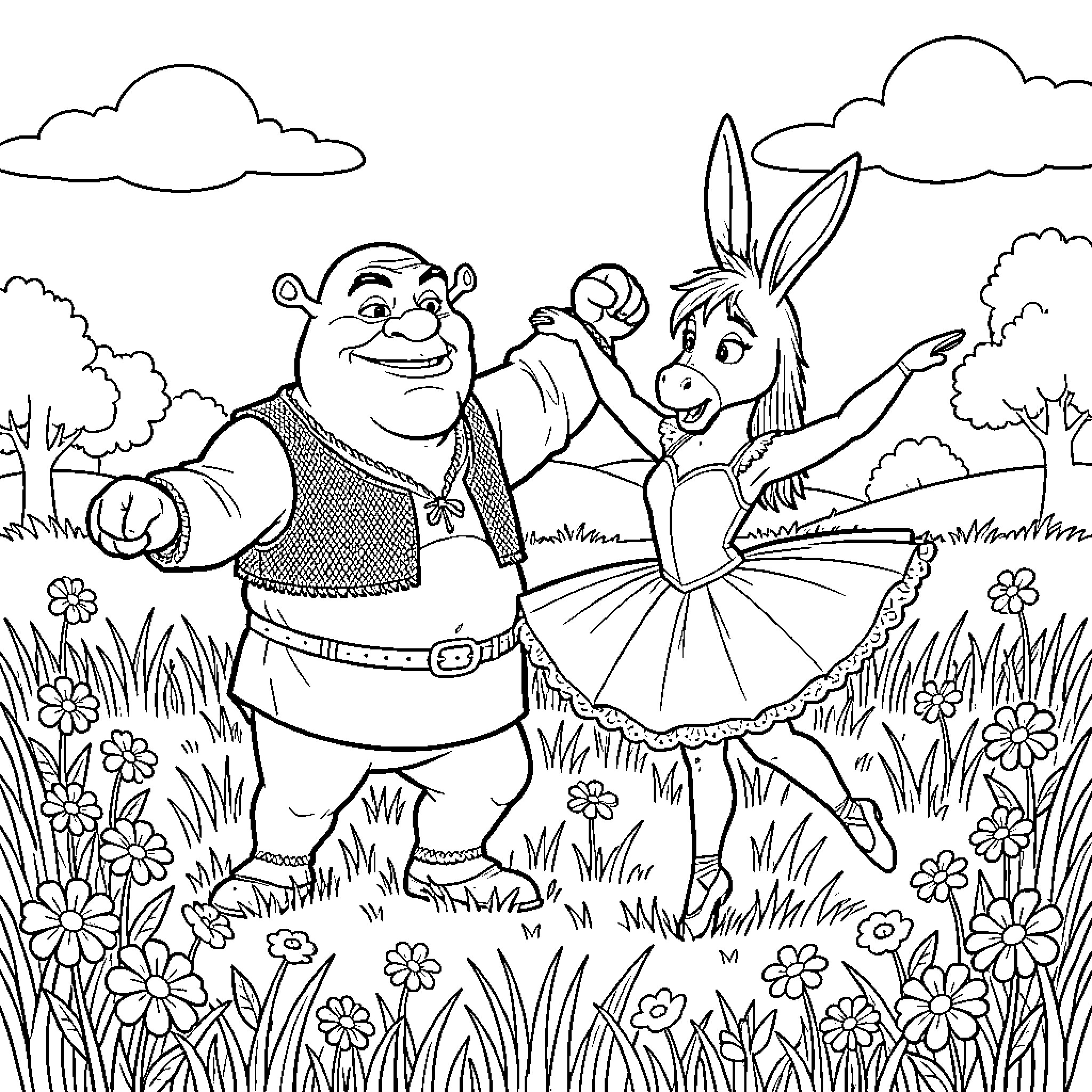Shrek dancing joyfully with Donkey in a meadow Coloring Page (free black-and-white line drawing printable PDF for all, from beginners to advanced learners, including children, teens, adults, and seniors)