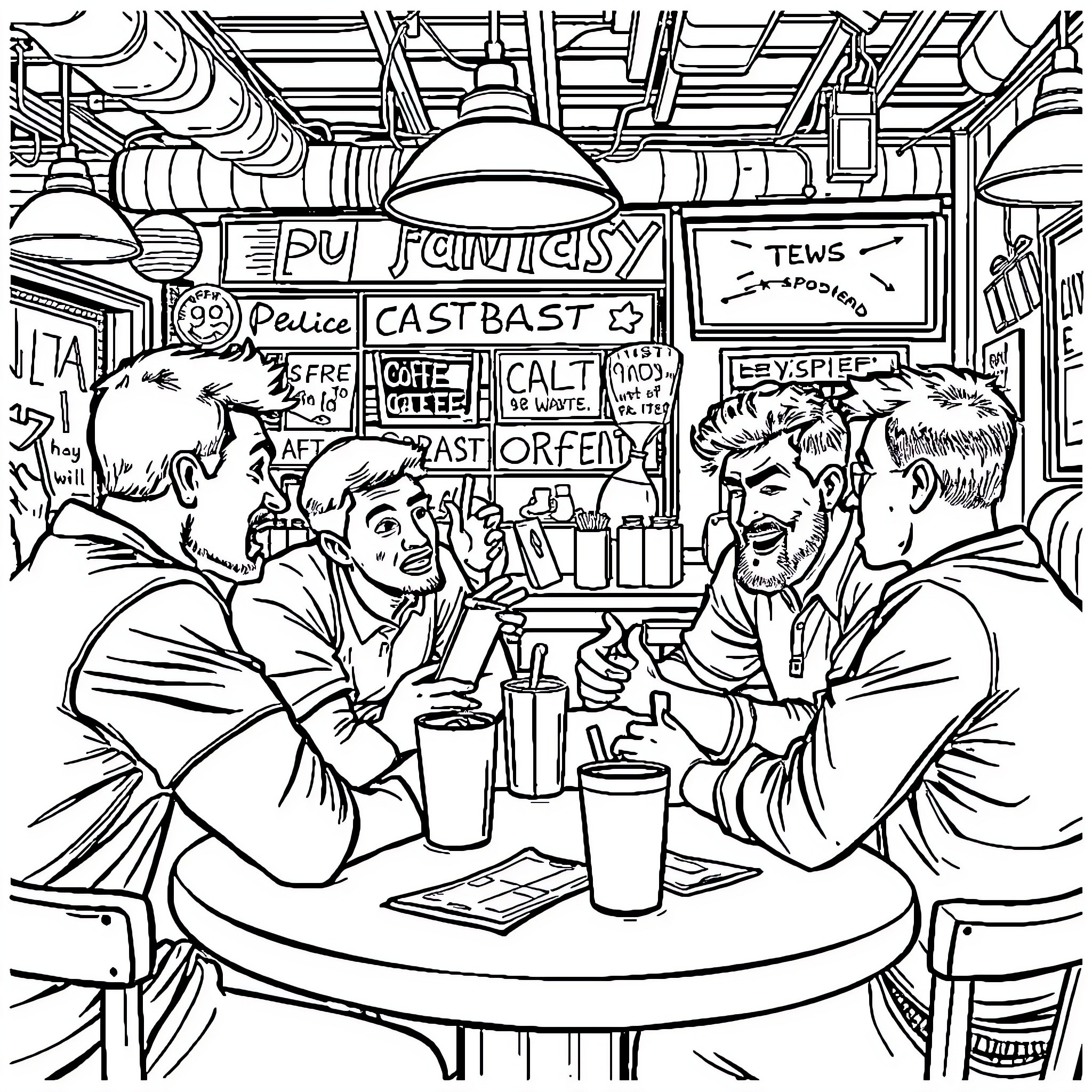 Guy discussing over drinks in a crowded diner Coloring Page (free black-and-white line drawing printable PDF for all, from beginners to advanced learners, including children, teens, adults, and seniors)