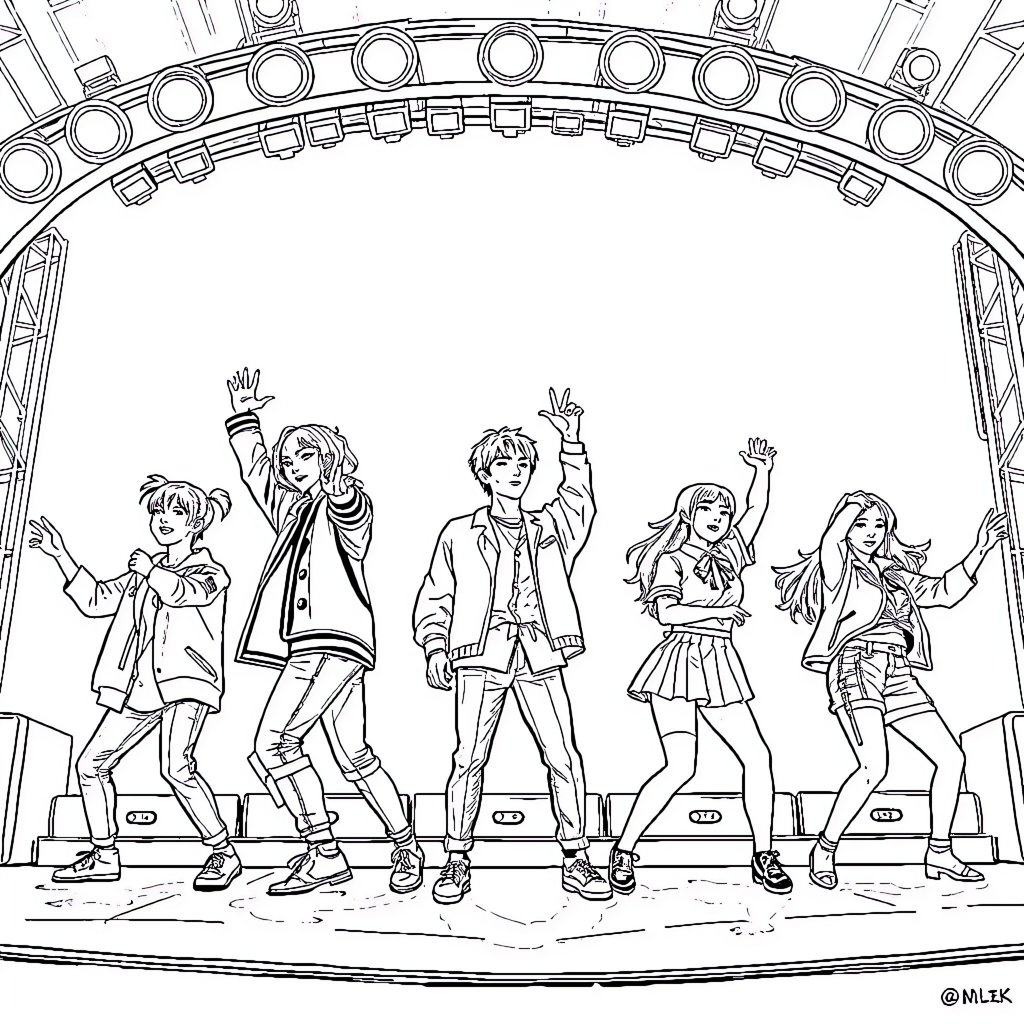 Stray Kids performing on stage with energy and excitement Coloring Page (free black-and-white line drawing printable PDF for all, from beginners to advanced learners, including children, teens, adults, and seniors)