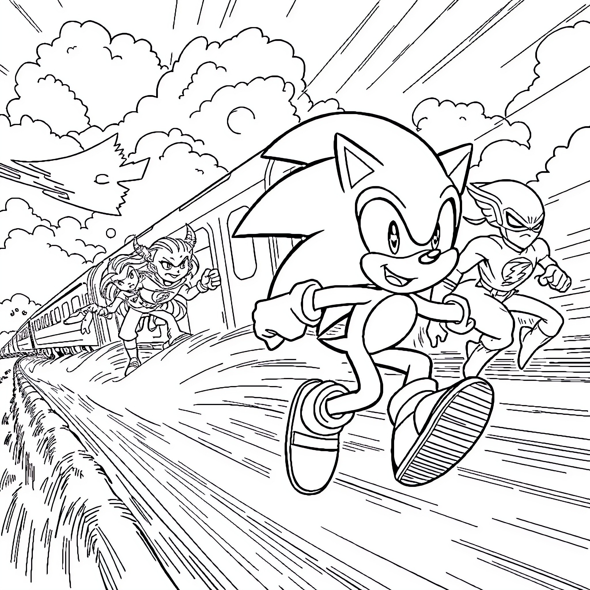 Sonic racing speedily through the train tracks Coloring Page (free black-and-white line drawing printable PDF for all, from beginners to advanced learners, including children, teens, adults, and seniors)