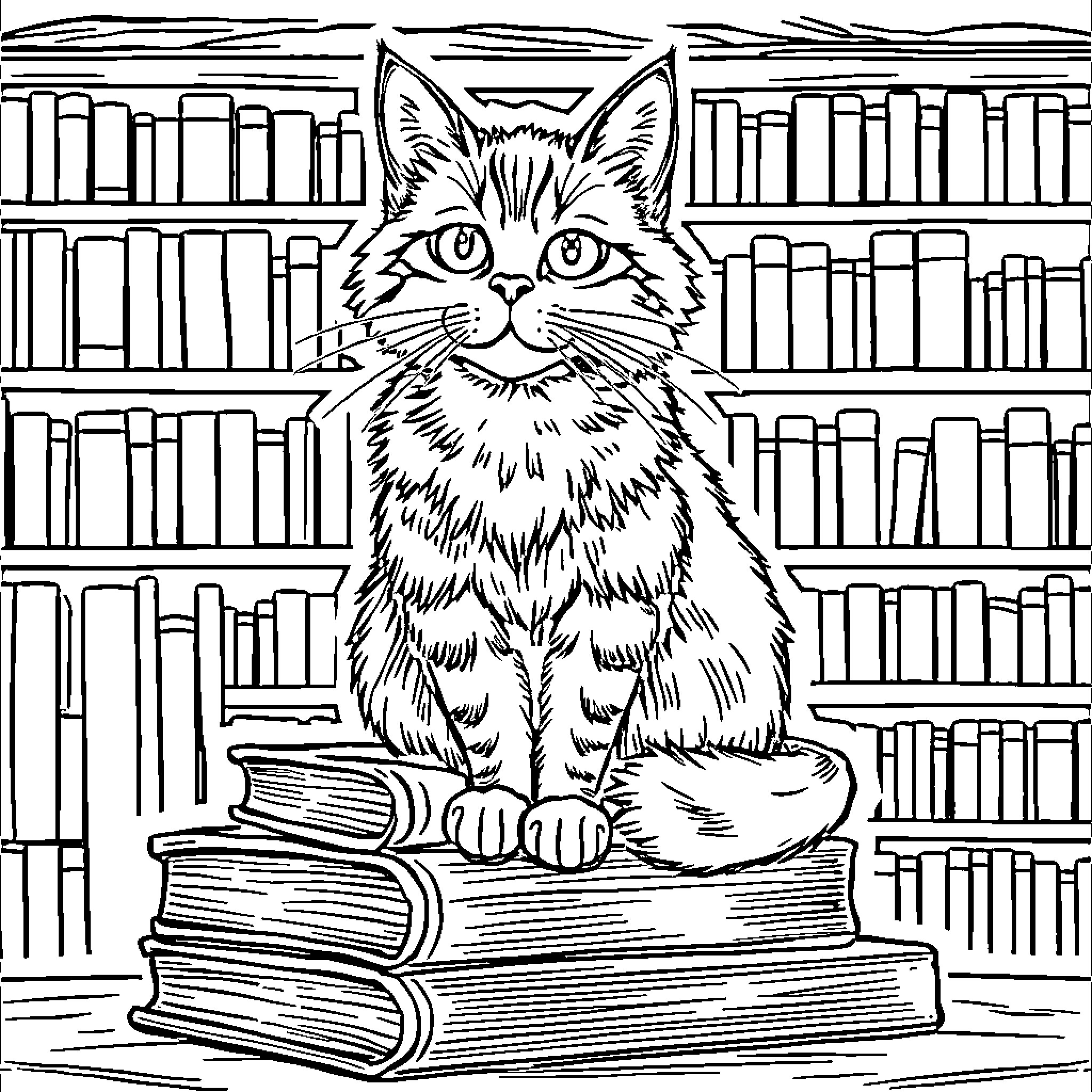 Cat sitting on books in a library Coloring Page (free black-and-white line drawing printable PDF for all, from beginners to advanced learners, including children, teens, adults, and seniors)