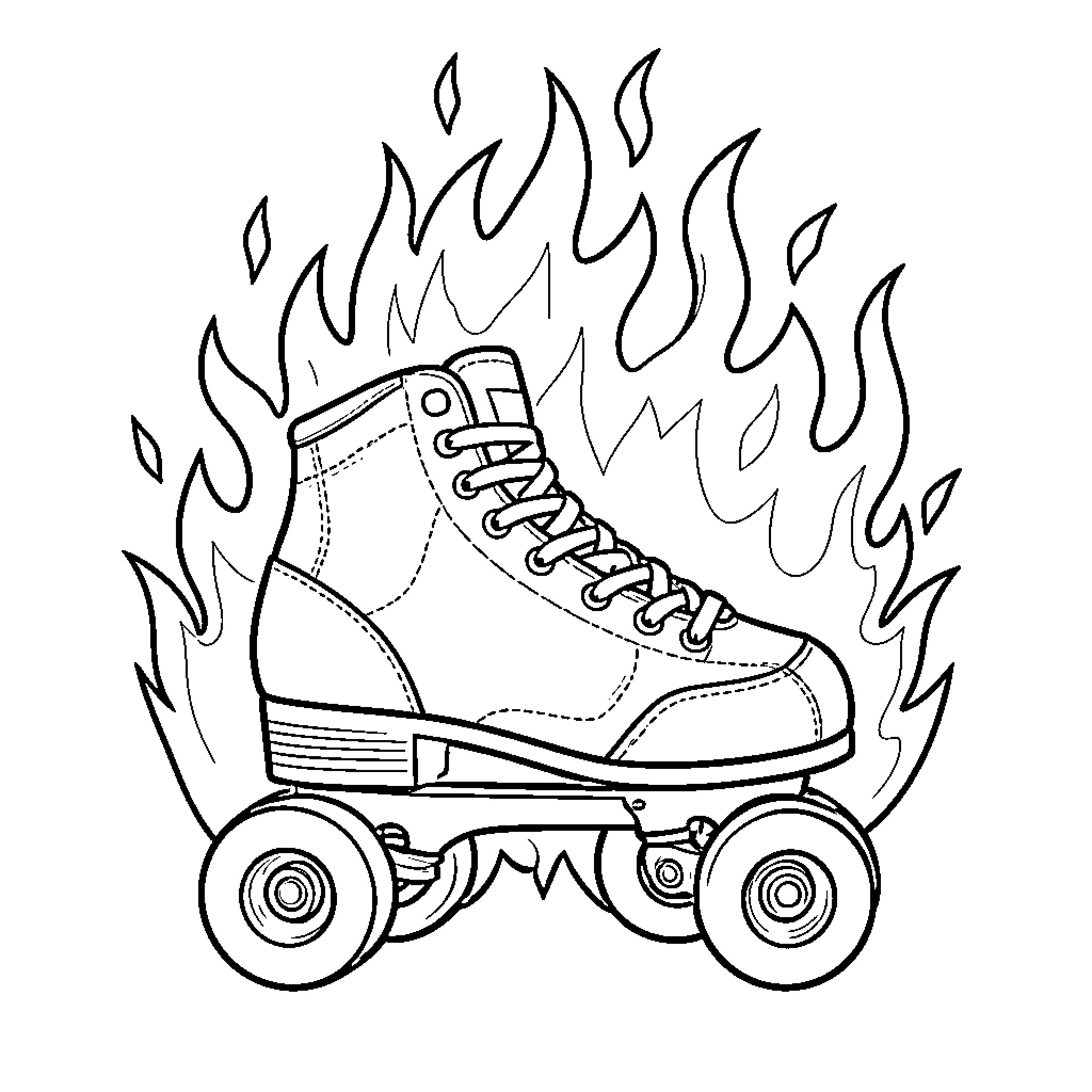 Skate wildly with flames on roller blades Coloring Page (free black-and-white line drawing printable PDF for all, from beginners to advanced learners, including children, teens, adults, and seniors)