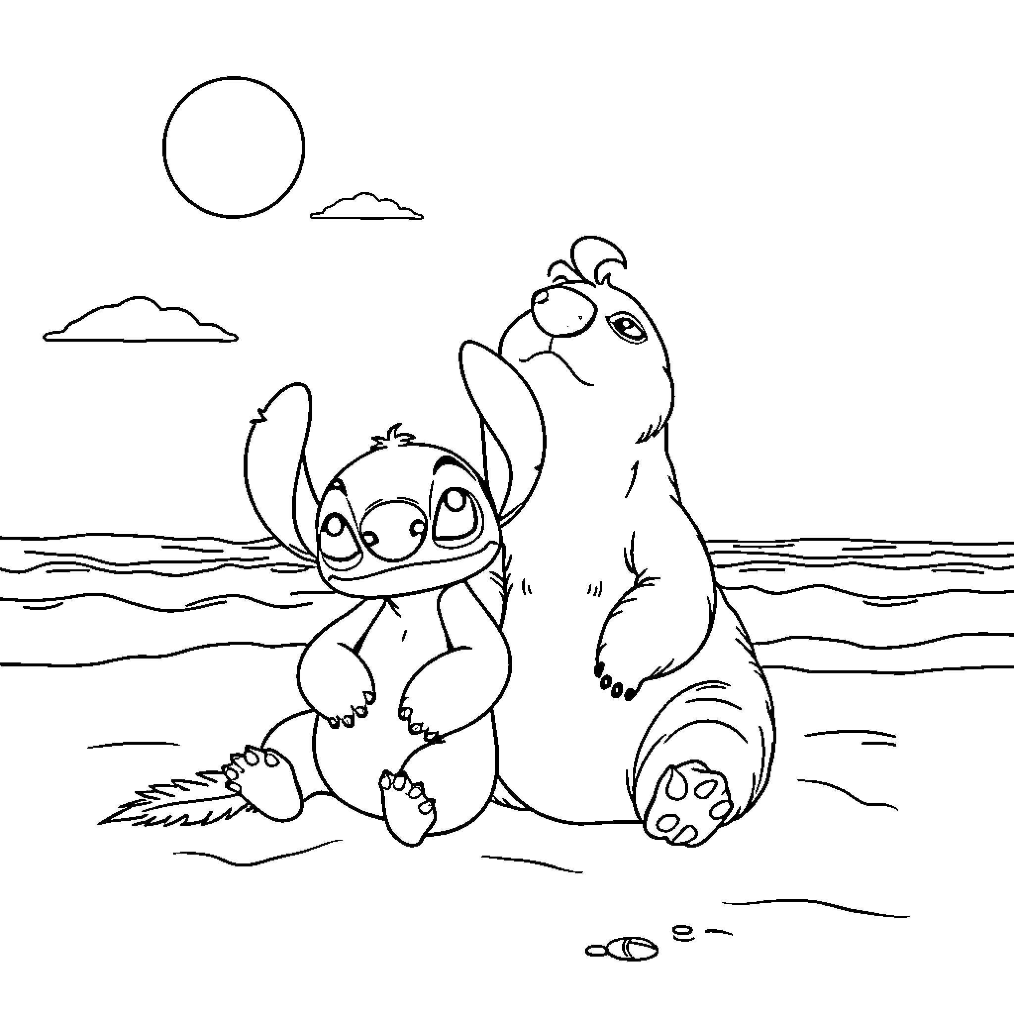 Stitch sitting peacefully with a friend on the beach Coloring Page (free black-and-white line drawing printable PDF for all, from beginners to advanced learners, including children, teens, adults, and seniors)
