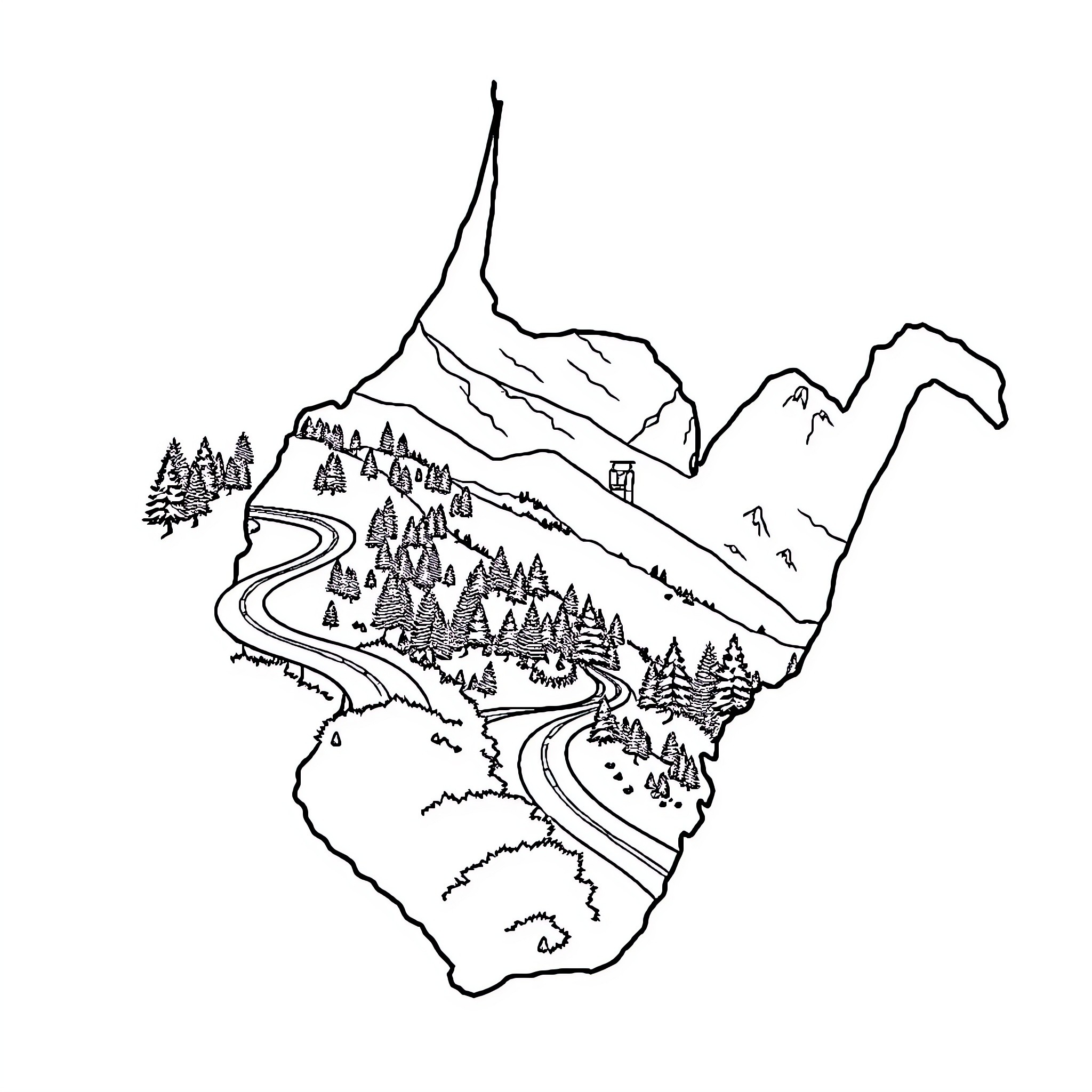West Virginia Landscape with Winding Road and Mountains Coloring Page (free black-and-white line drawing printable PDF for all, from beginners to advanced learners, including children, teens, adults, and seniors)