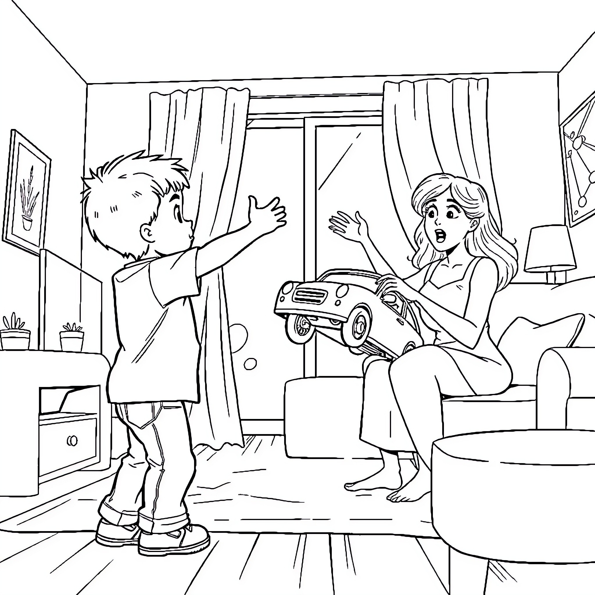 Kid playing with toy car, surprising parent Coloring Page (free black-and-white line drawing printable PDF for all, from beginners to advanced learners, including children, teens, adults, and seniors)