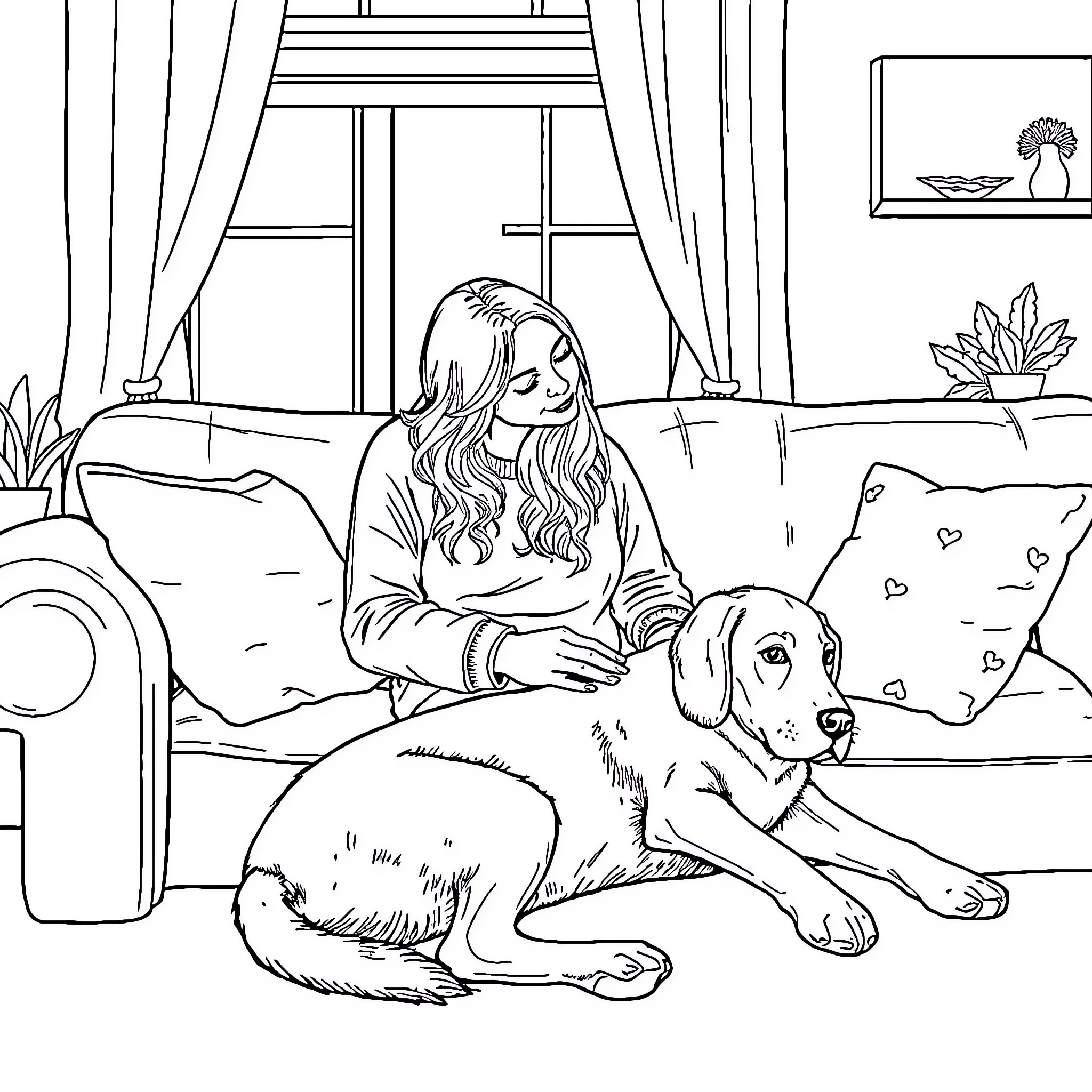 Woman relaxing with pet dog on couch Coloring Page (free black-and-white line drawing printable PDF for all, from beginners to advanced learners, including children, teens, adults, and seniors)