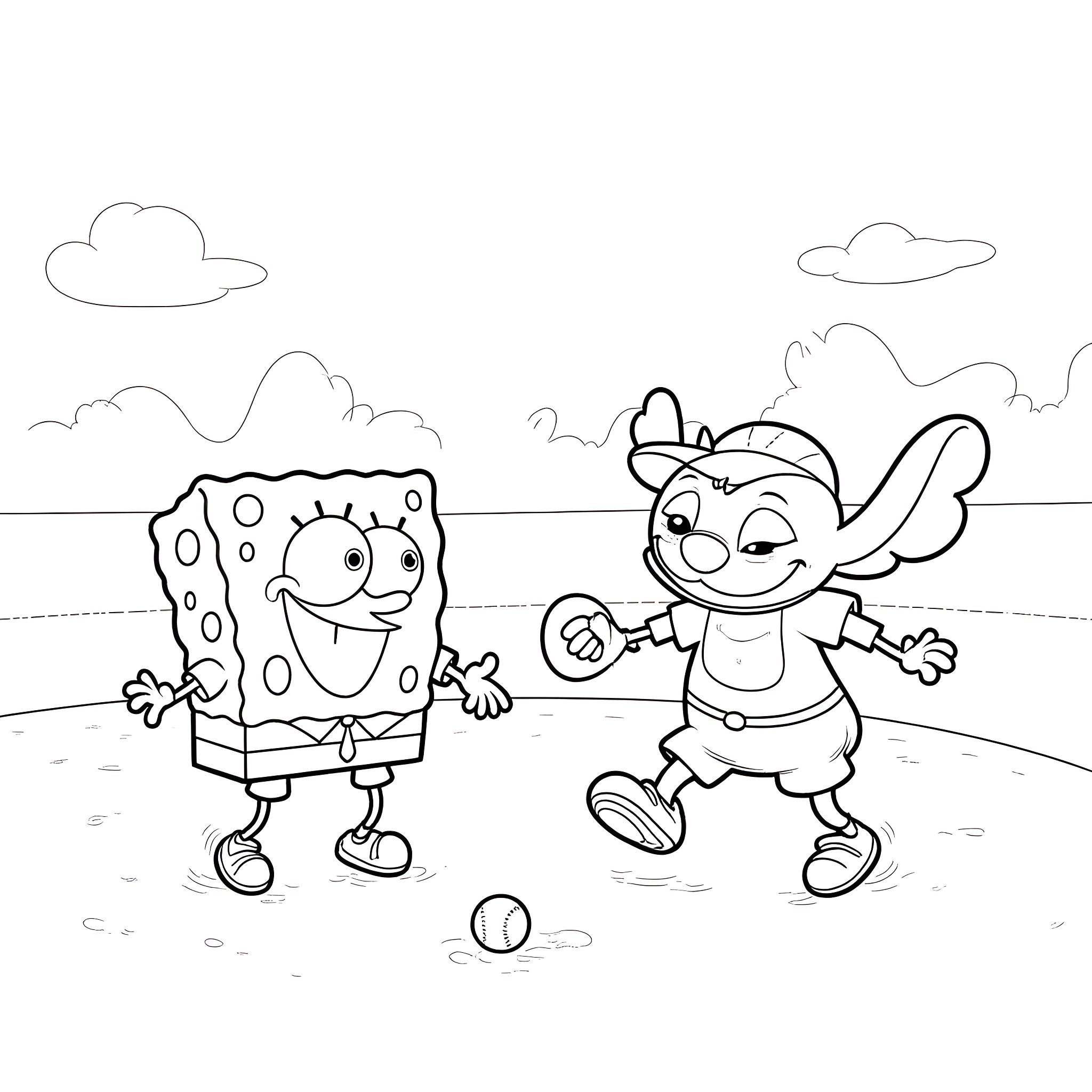 Spongebob and Stitch playing together in the field Coloring Page (free black-and-white line drawing printable PDF for all, from beginners to advanced learners, including children, teens, adults, and seniors)
