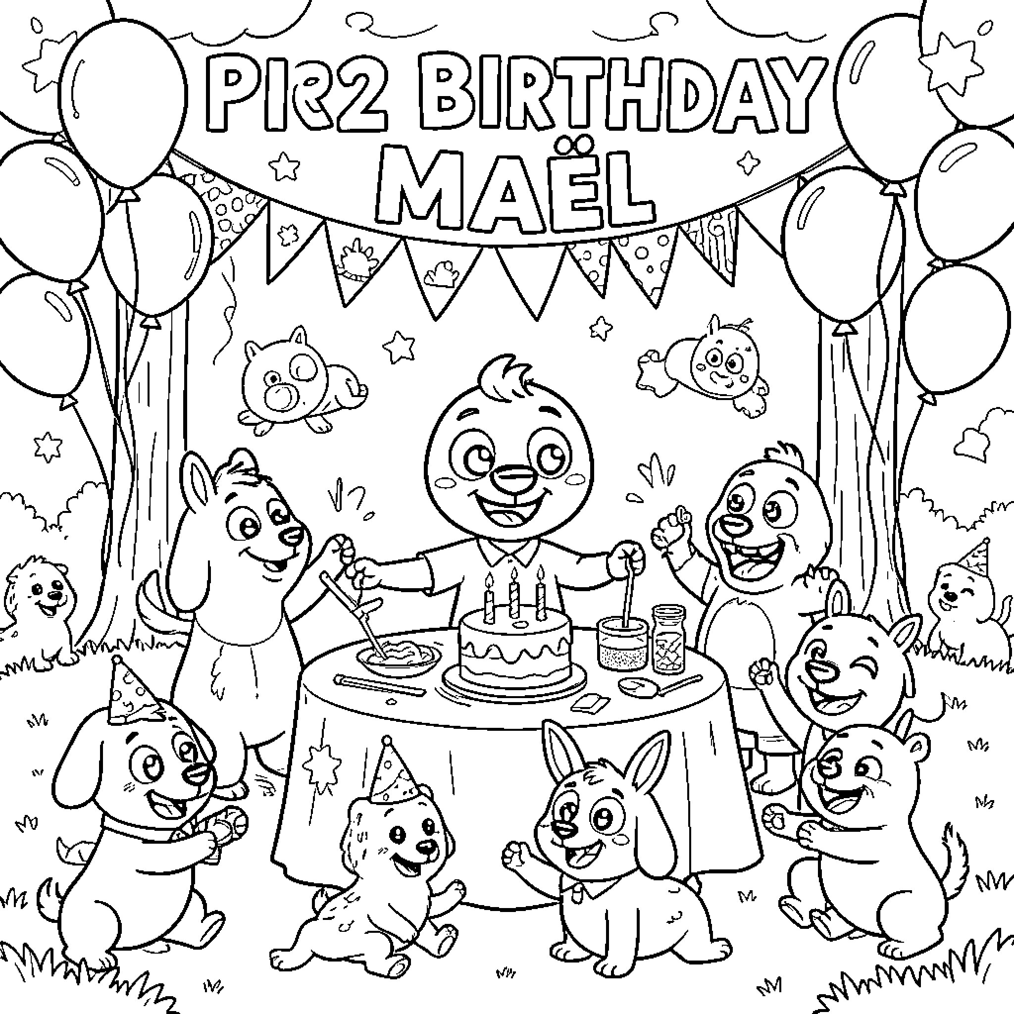 Bluey's Lively Birthday Celebration with Friends Coloring Page (free black-and-white line drawing printable PDF for all, from beginners to advanced learners, including children, teens, adults, and seniors)