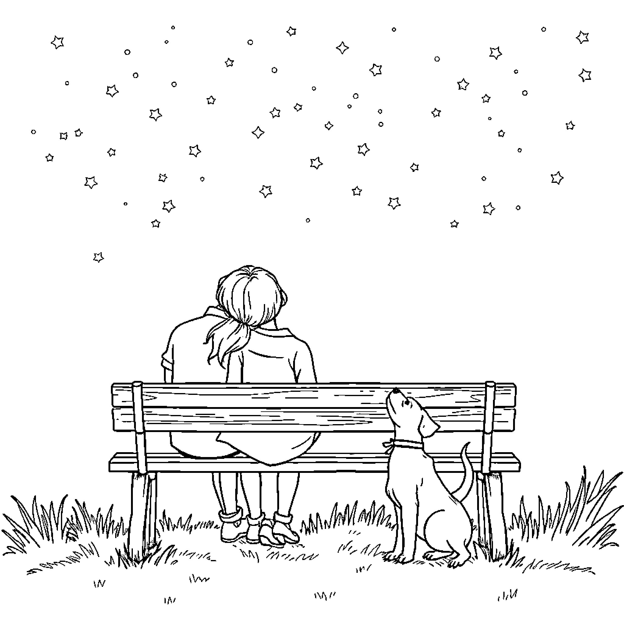 Couple relaxing on a bench with their pet Coloring Page (free black-and-white line drawing printable PDF for all, from beginners to advanced learners, including children, teens, adults, and seniors)