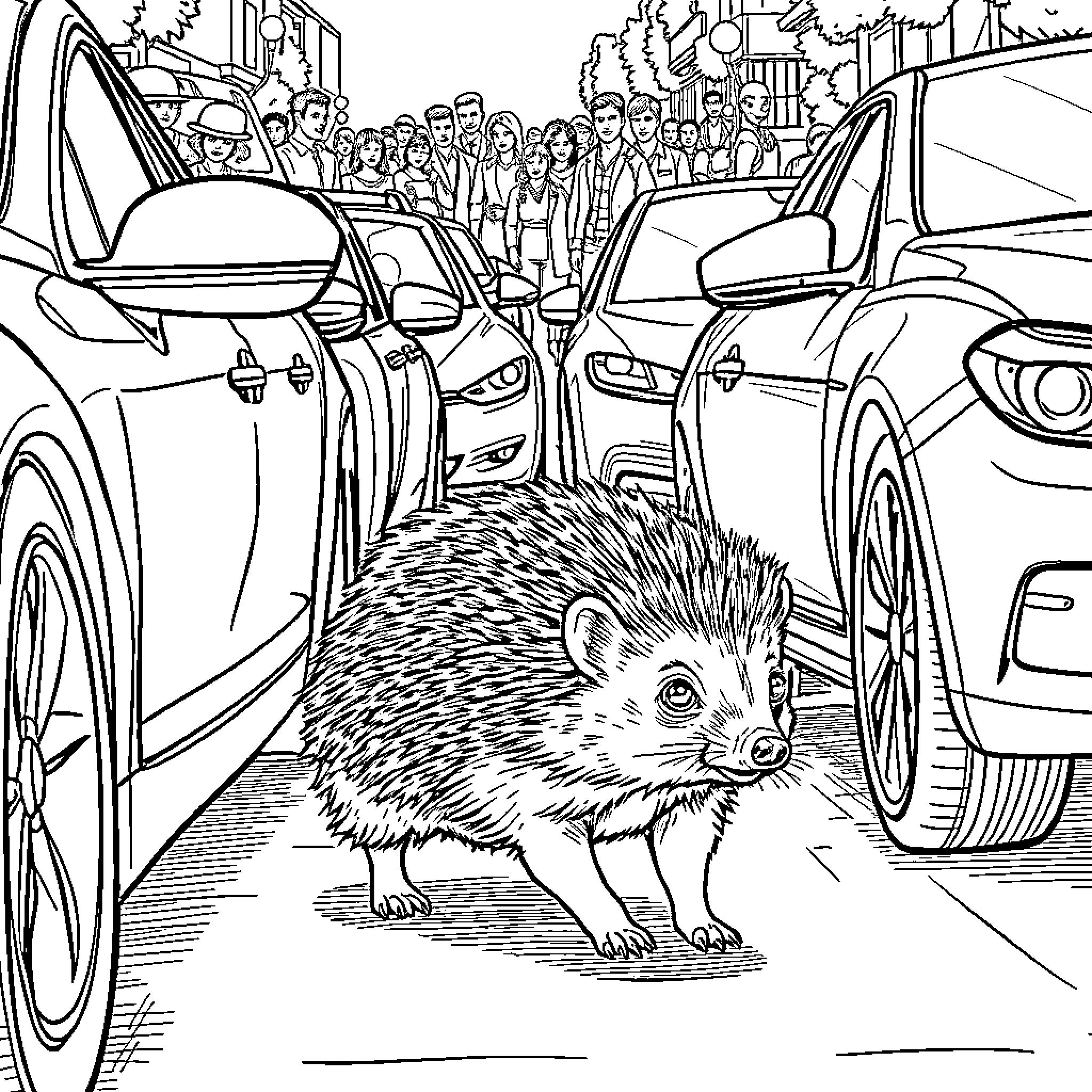 Hedgehog navigating through a busy city street Coloring Page (free black-and-white line drawing printable PDF for all, from beginners to advanced learners, including children, teens, adults, and seniors)