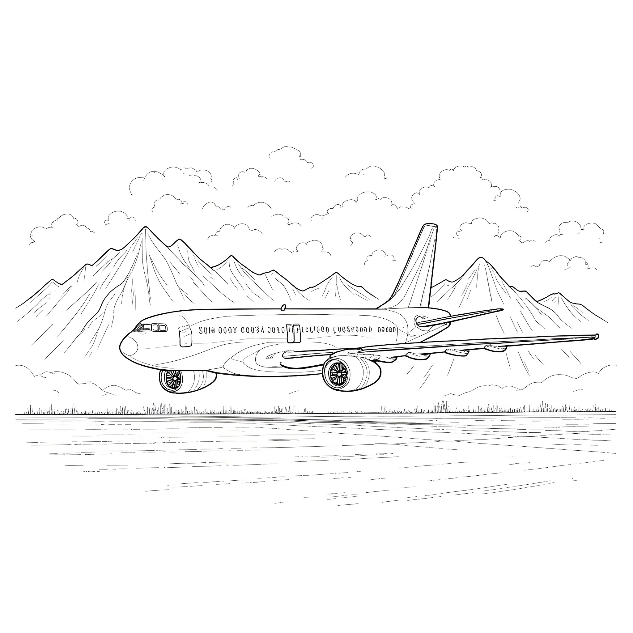 Airplane flying over mountains in the sky Coloring Page (free black-and-white line drawing printable PDF for all, from beginners to advanced learners, including children, teens, adults, and seniors)