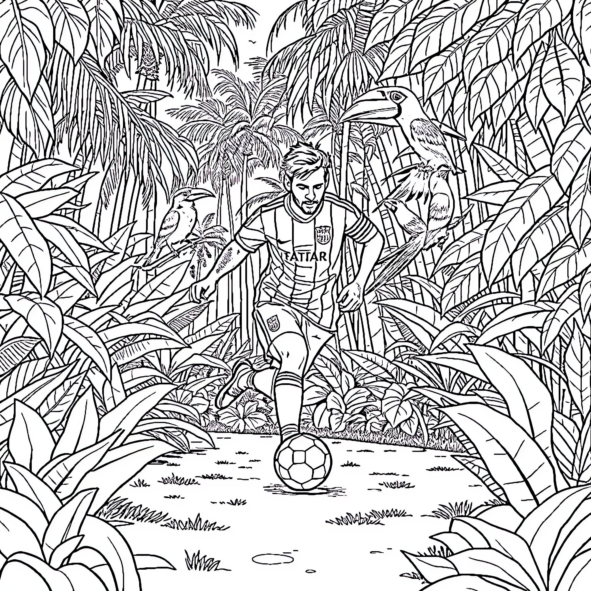 Messi in the Lush Jungle Landscape Coloring Page (free black-and-white line drawing printable PDF for all, from beginners to advanced learners, including children, teens, adults, and seniors)