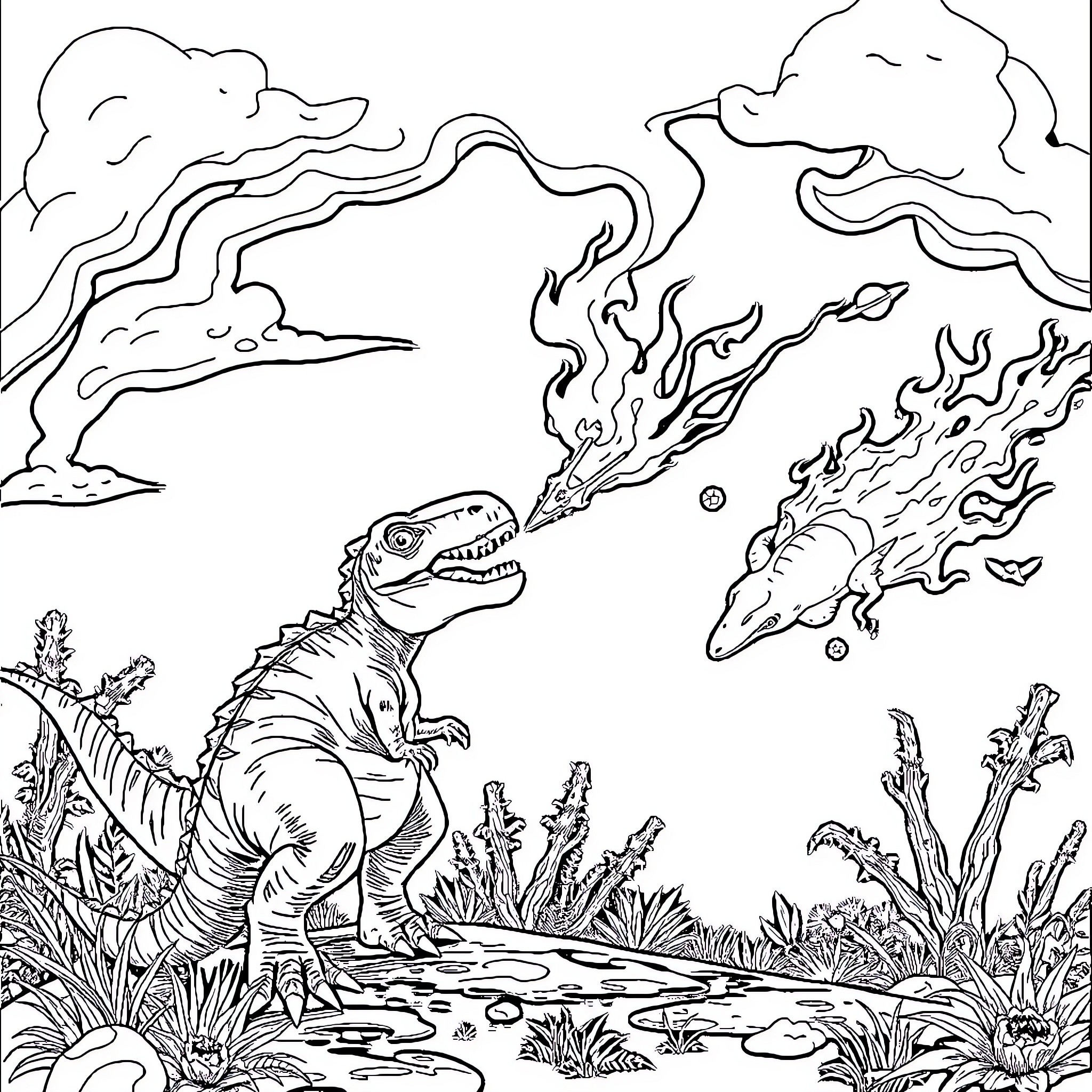 Dinosaur Roaring Amid Volcanic Eruption and Prehistoric Landscape Coloring Page (free black-and-white line drawing printable PDF for all, from beginners to advanced learners, including children, teens, adults, and seniors)