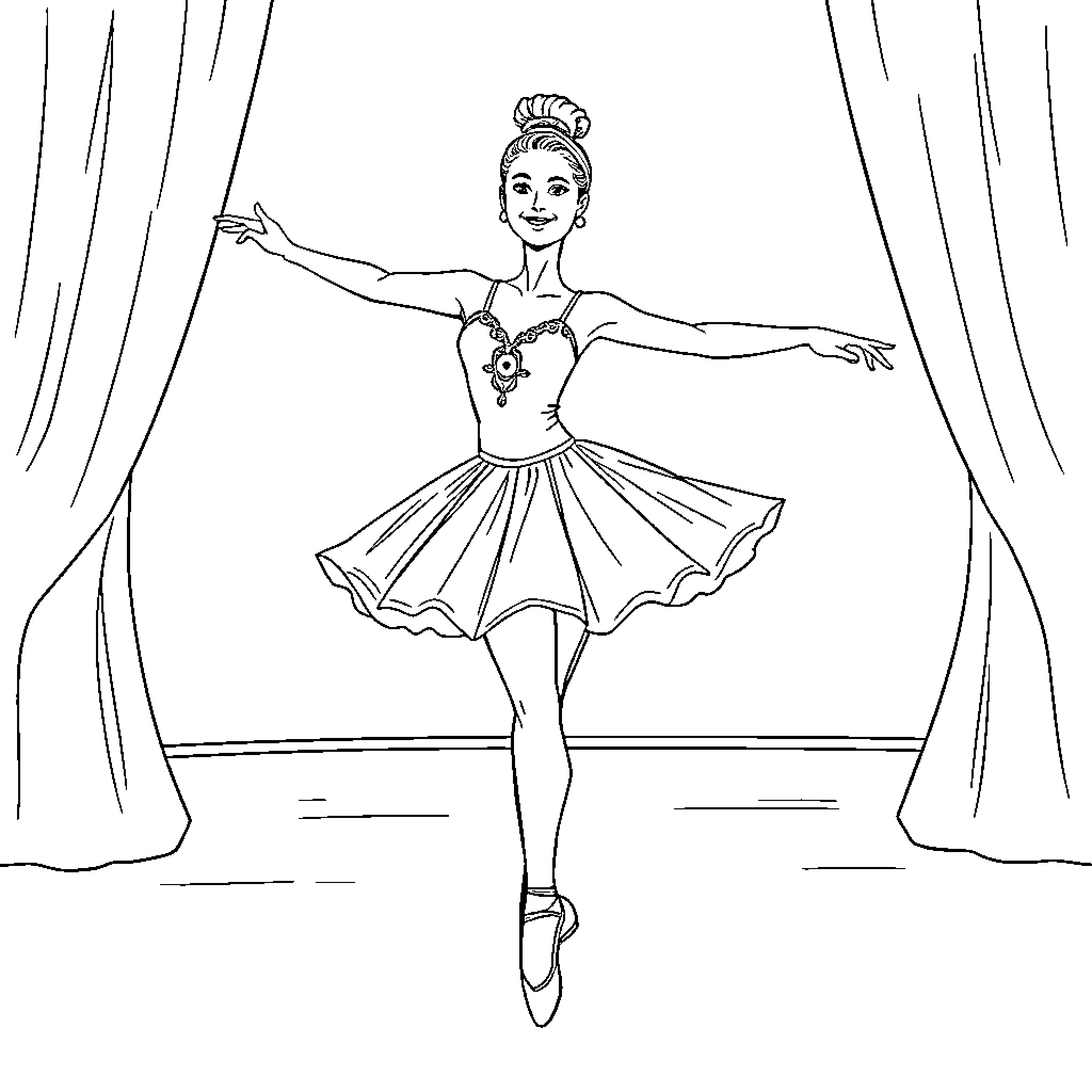 Ballet Dancer Gracefully Performing on Stage Coloring Page (free black-and-white line drawing printable PDF for all, from beginners to advanced learners, including children, teens, adults, and seniors)