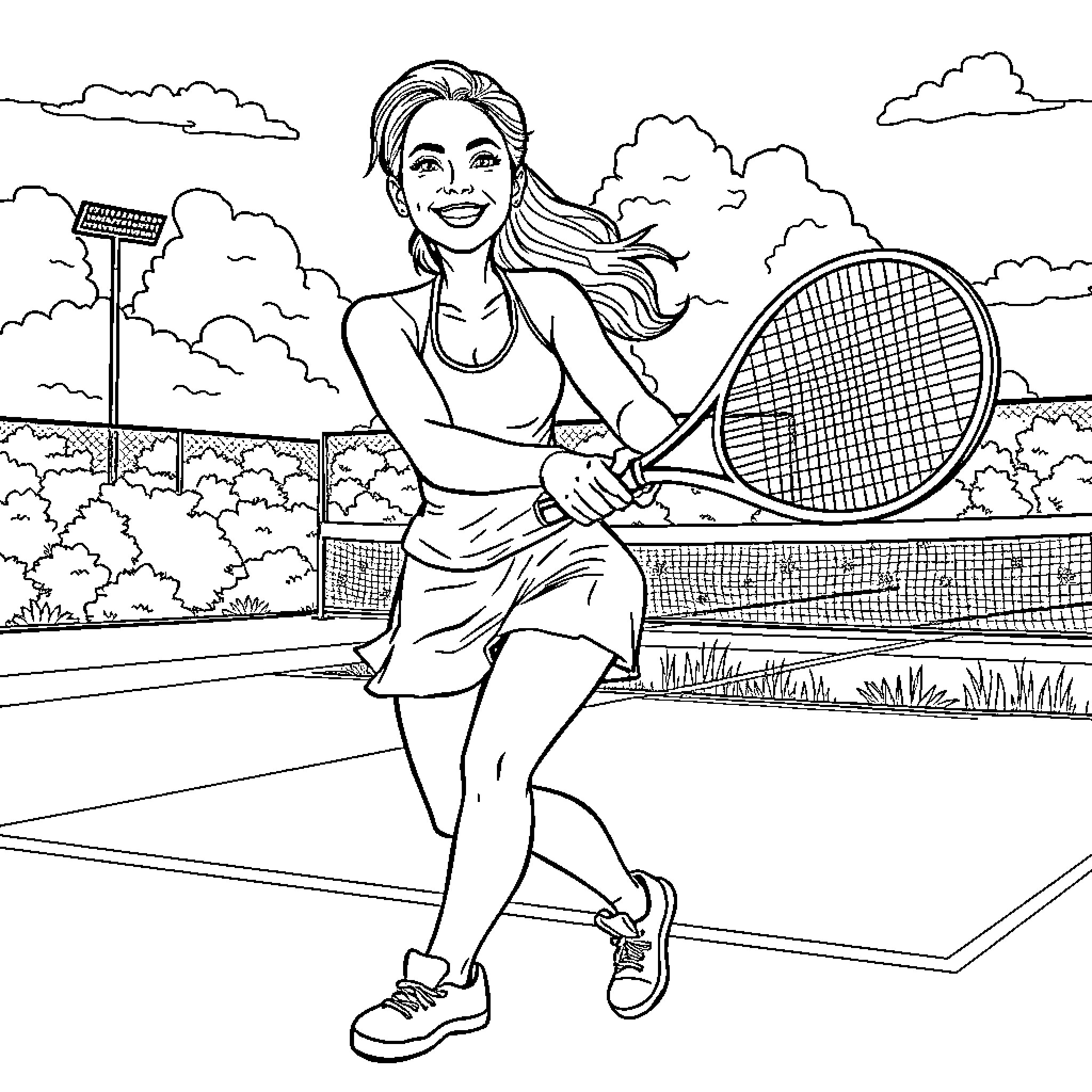 Ana de Armas playing tennis on the court Coloring Page (free black-and-white line drawing printable PDF for all, from beginners to advanced learners, including children, teens, adults, and seniors)