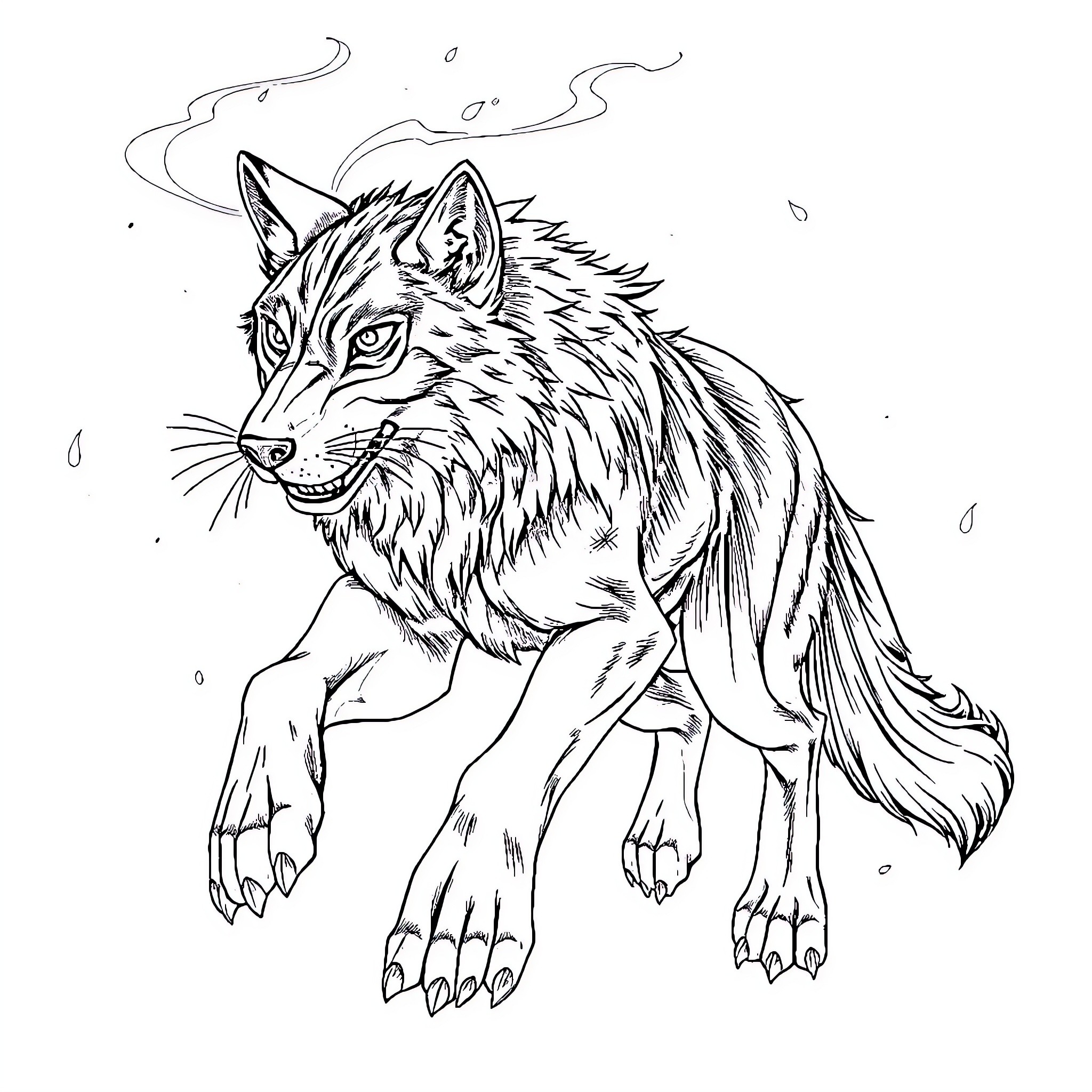 Wolf leaping through snow and winds Coloring Page (free black-and-white line drawing printable PDF for all, from beginners to advanced learners, including children, teens, adults, and seniors)
