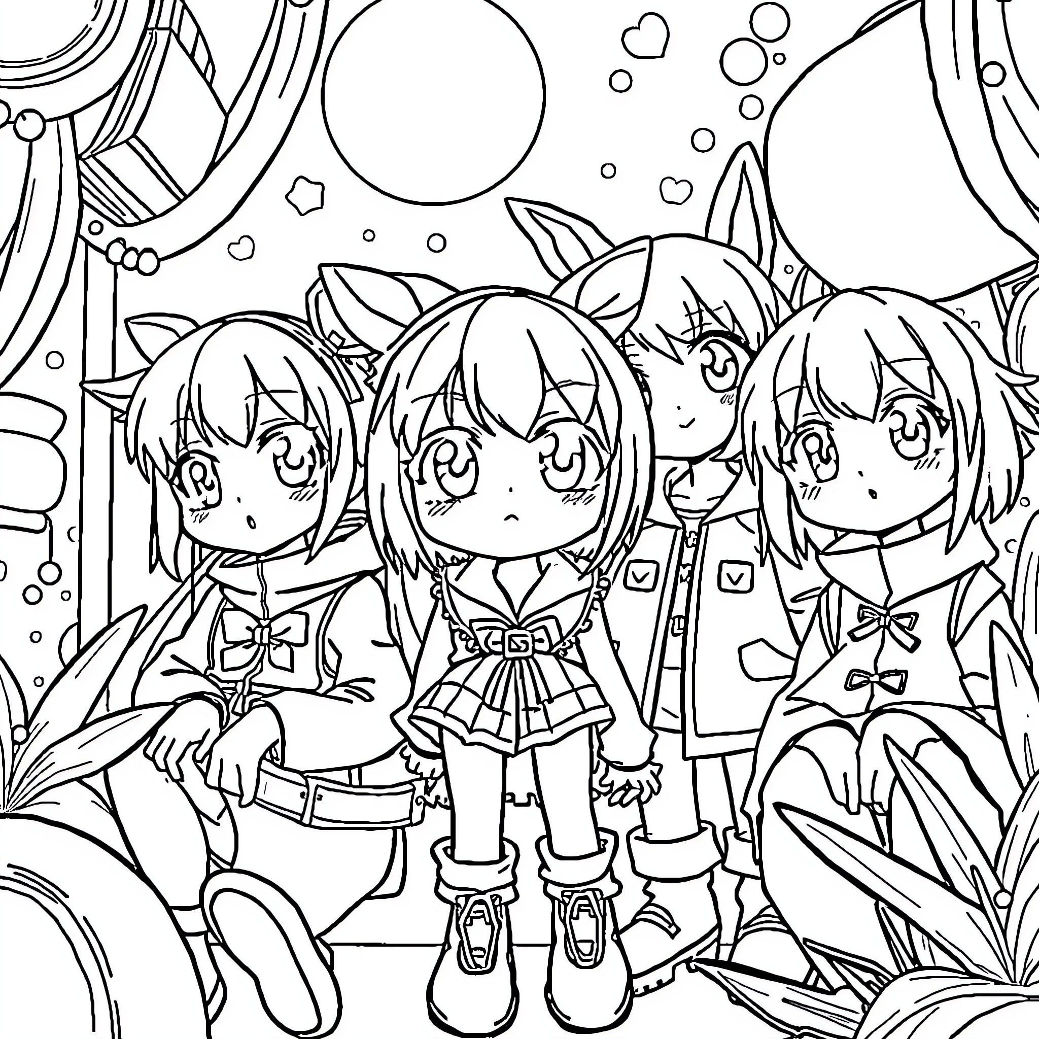 Anime Characters in a Whimsical Wonderland Coloring Page (free black-and-white line drawing printable PDF for all, from beginners to advanced learners, including children, teens, adults, and seniors)