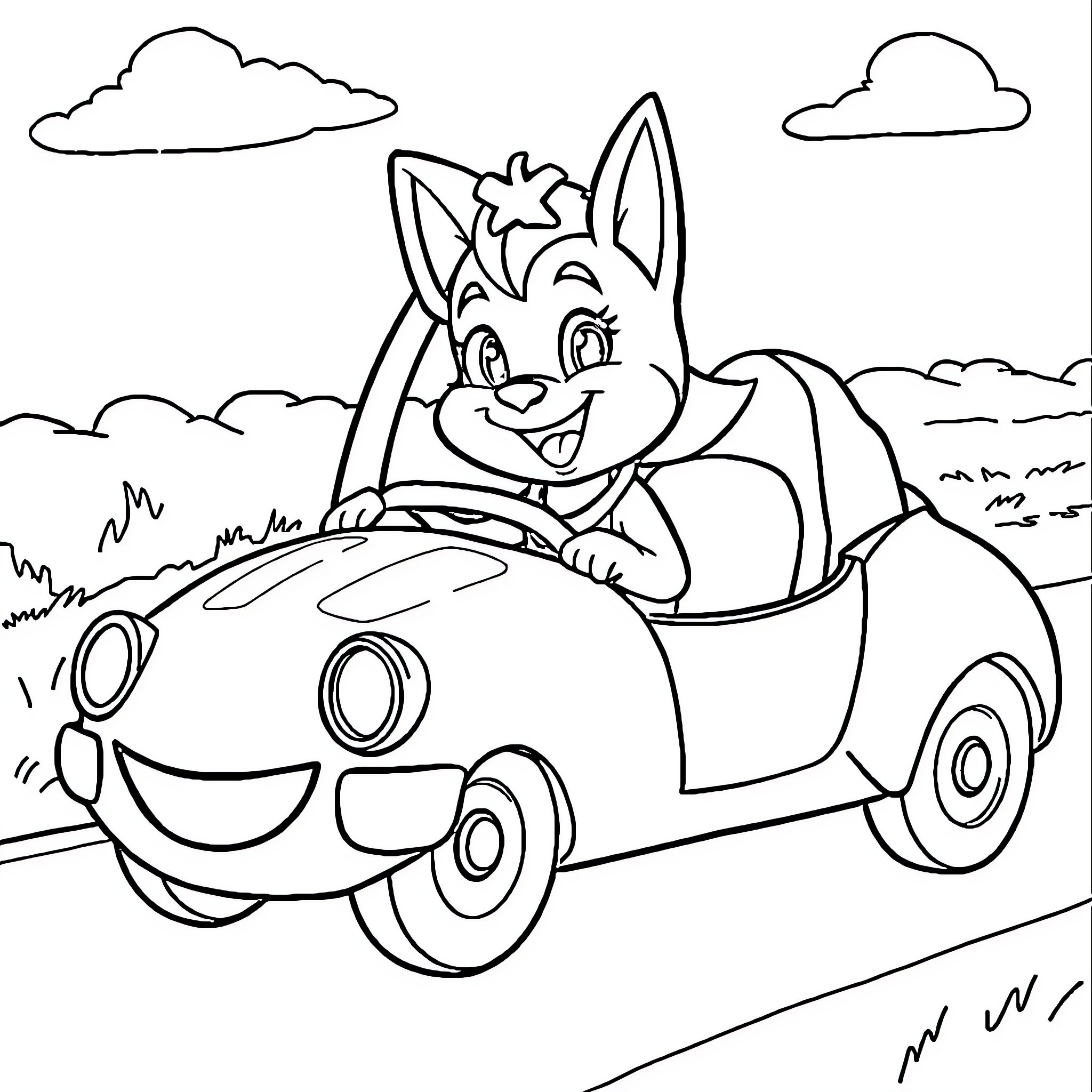 Stella's Joyful Ride in a Whimsical Car Coloring Page (free black-and-white line drawing printable PDF for all, from beginners to advanced learners, including children, teens, adults, and seniors)