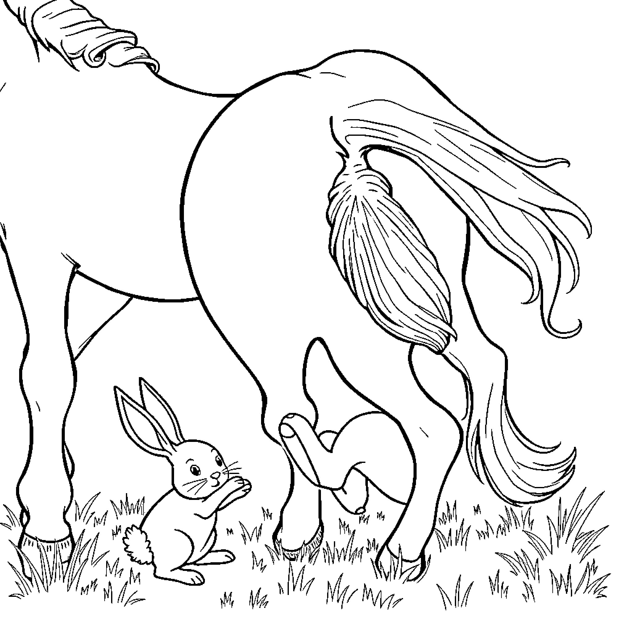 Bunny watching majestic unicorn in enchanting meadow Coloring Page (free black-and-white line drawing printable PDF for all, from beginners to advanced learners, including children, teens, adults, and seniors)