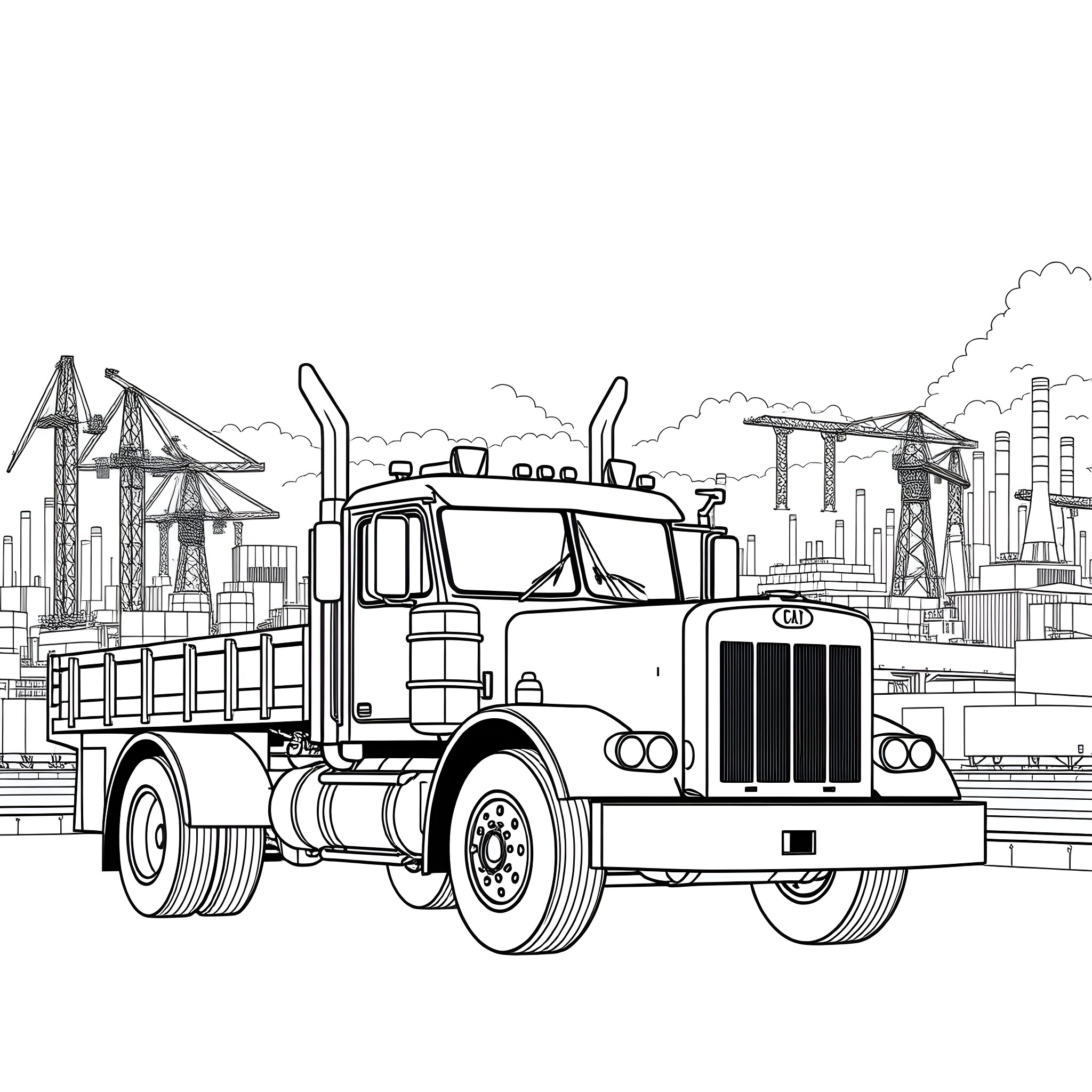 Flatbed truck in industrial city landscape Coloring Page (free black-and-white line drawing printable PDF for all, from beginners to advanced learners, including children, teens, adults, and seniors)
