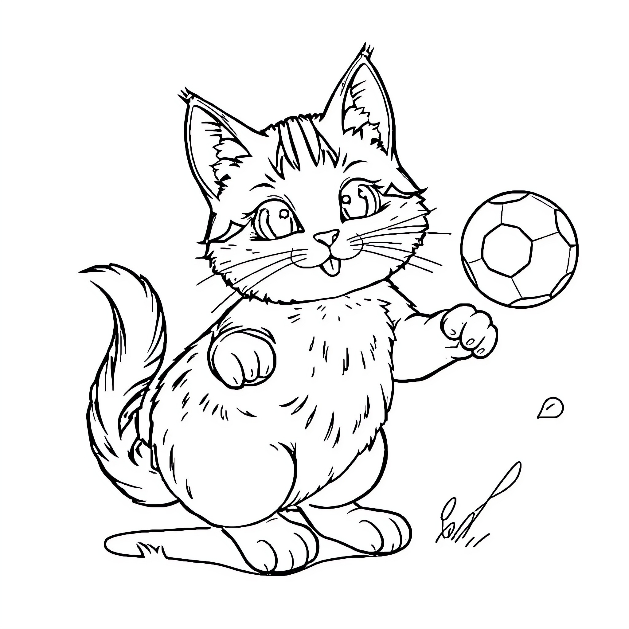 Cat playing with a soccer ball Coloring Page (free black-and-white line drawing printable PDF for all, from beginners to advanced learners, including children, teens, adults, and seniors)