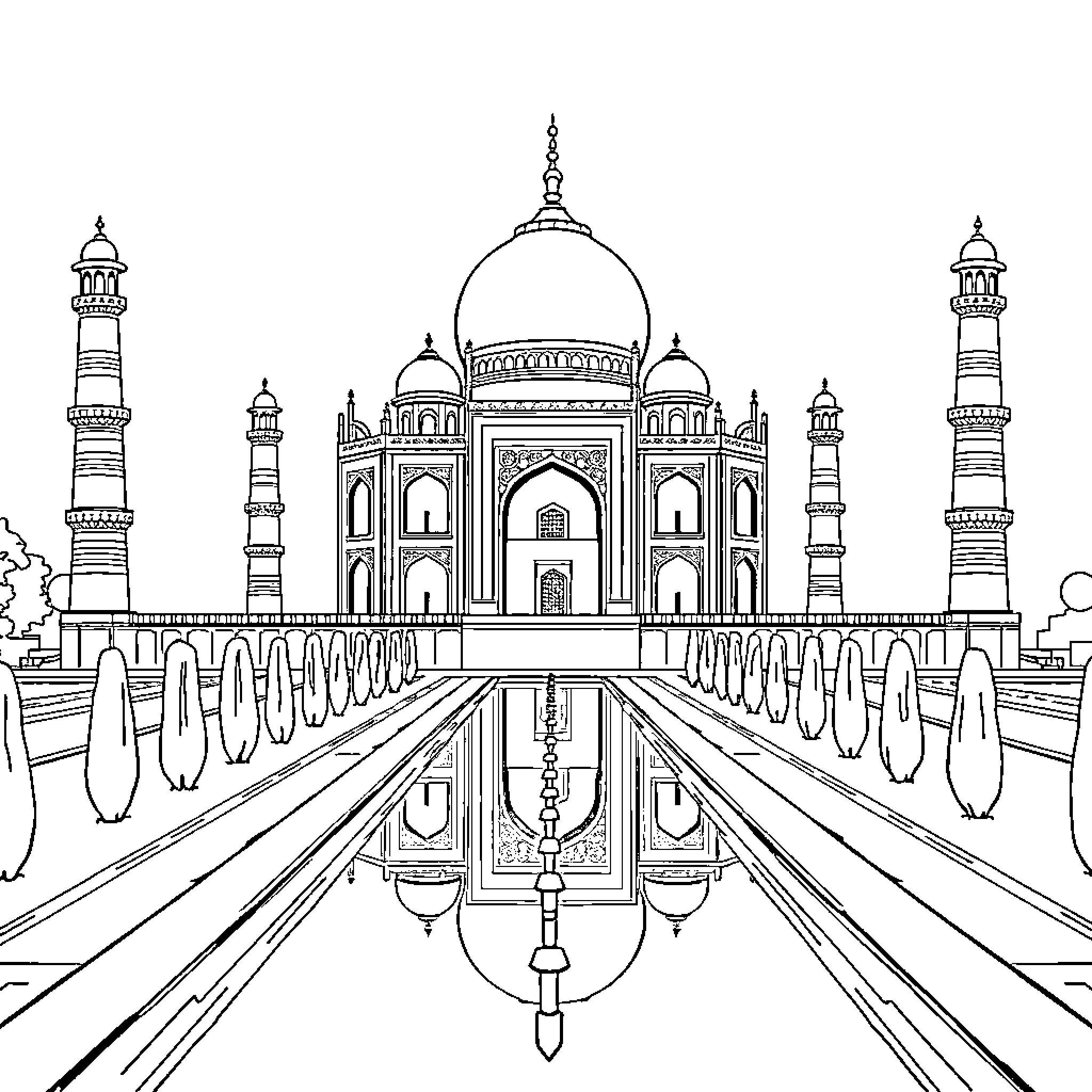 Taj Mahal's grand architecture and reflection Coloring Page (free black-and-white line drawing printable PDF for all, from beginners to advanced learners, including children, teens, adults, and seniors)