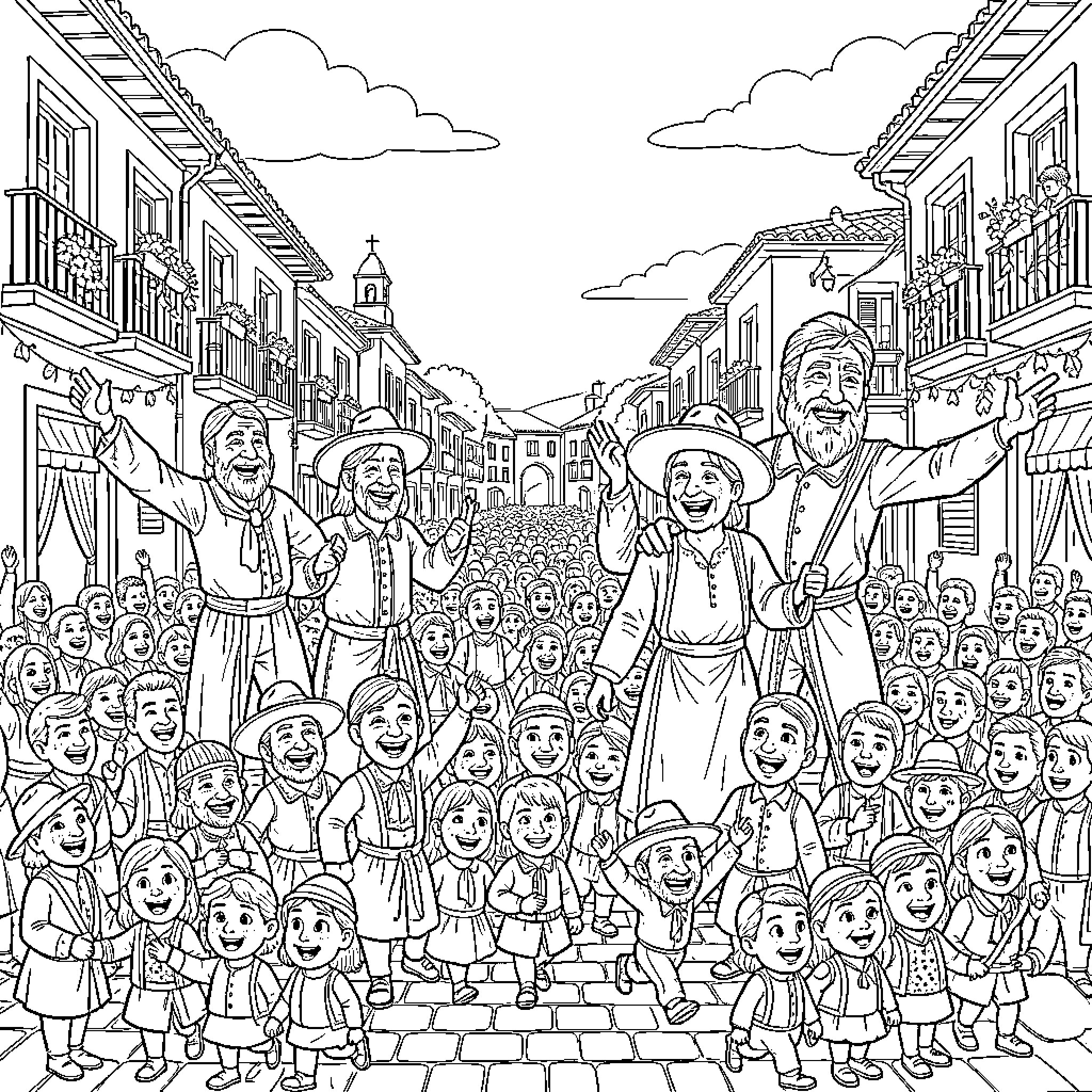Giant Crowd Celebrating in Vibrant Town Coloring Page (free black-and-white line drawing printable PDF for all, from beginners to advanced learners, including children, teens, adults, and seniors)
