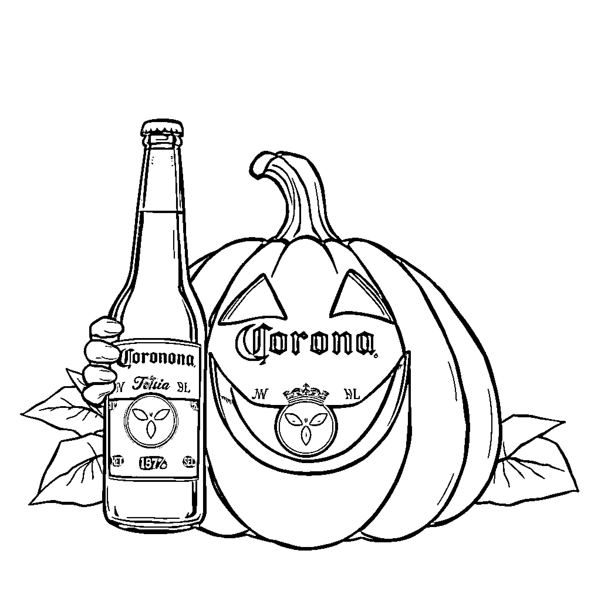 Pumpkin and Corona bottle in autumn scene Coloring Page (free black-and-white line drawing printable PDF for all, from beginners to advanced learners, including children, teens, adults, and seniors)