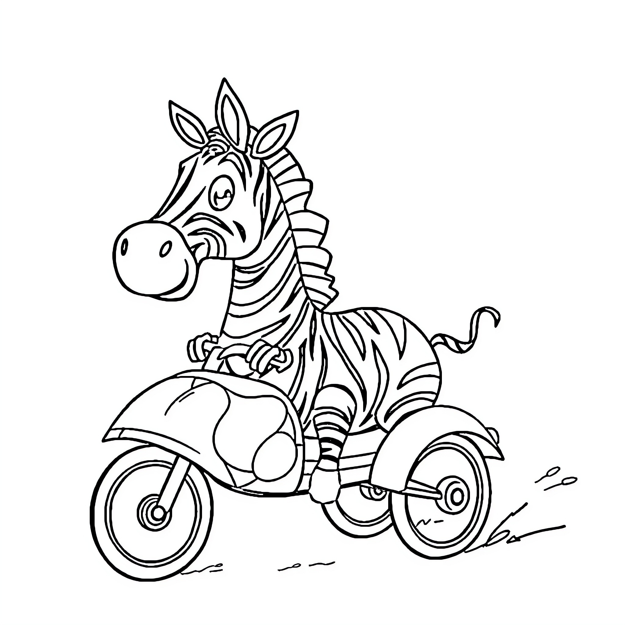 Zebra riding a motorcycle on the street Coloring Page (free black-and-white line drawing printable PDF for all, from beginners to advanced learners, including children, teens, adults, and seniors)