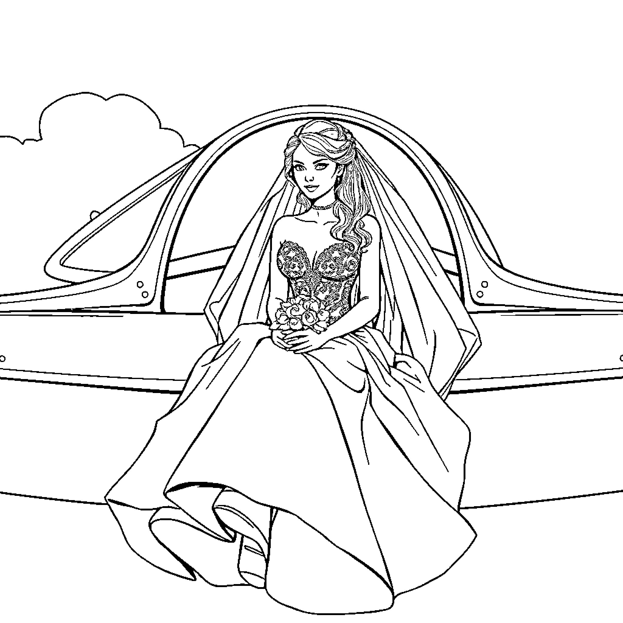 Bride wearing elegant gown posing for portrait Coloring Page (free black-and-white line drawing printable PDF for all, from beginners to advanced learners, including children, teens, adults, and seniors)