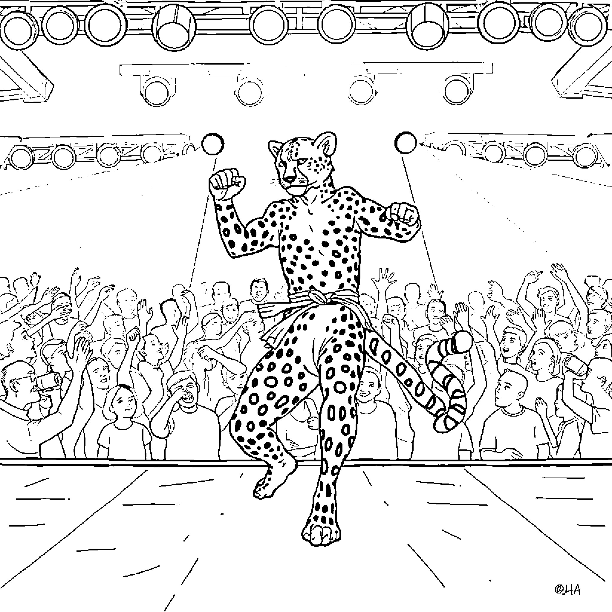 Cheetah performing on stage for an enthusiastic crowd Coloring Page (free black-and-white line drawing printable PDF for all, from beginners to advanced learners, including children, teens, adults, and seniors)