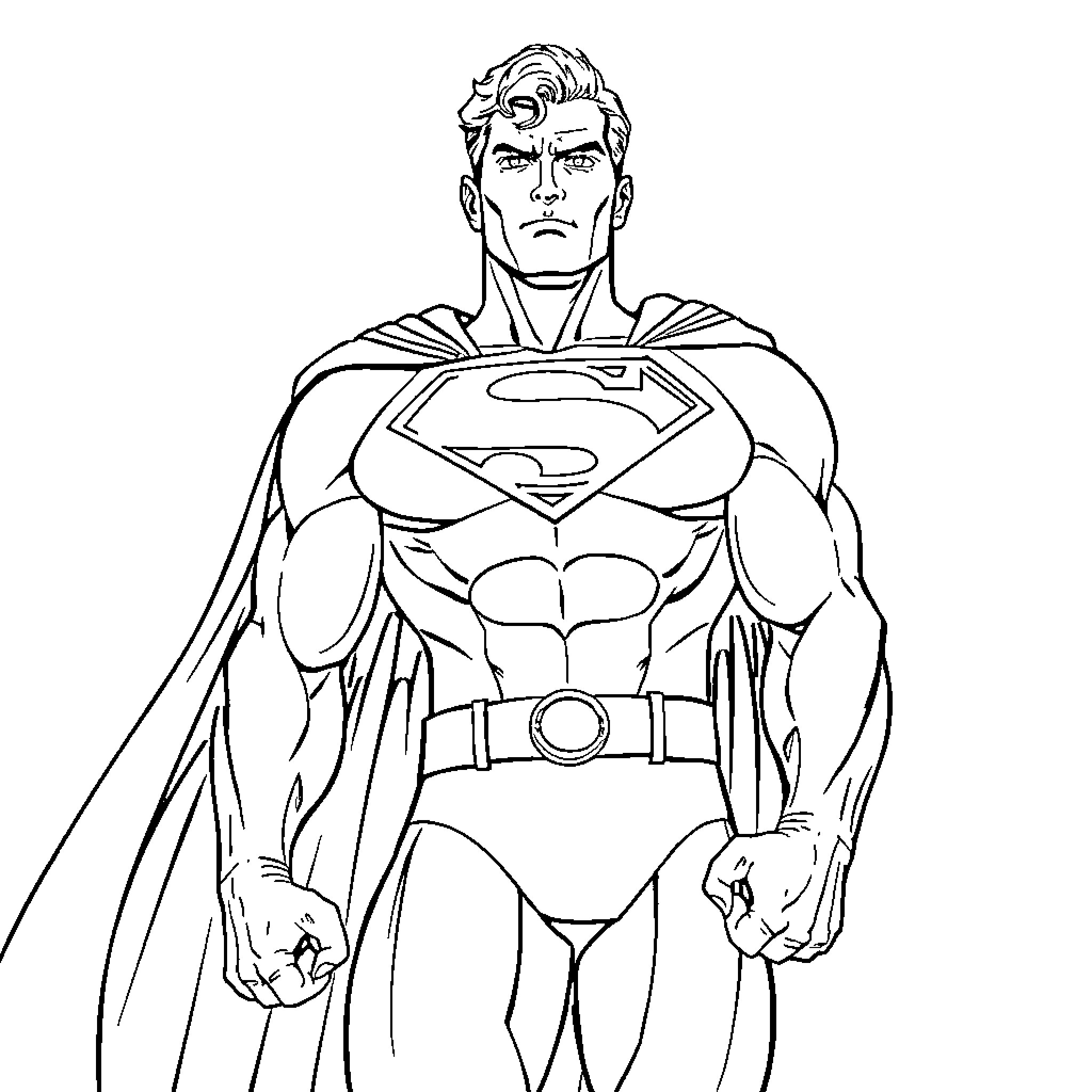 Superman in heroic pose with symbol on chest Coloring Page (free black-and-white line drawing printable PDF for all, from beginners to advanced learners, including children, teens, adults, and seniors)
