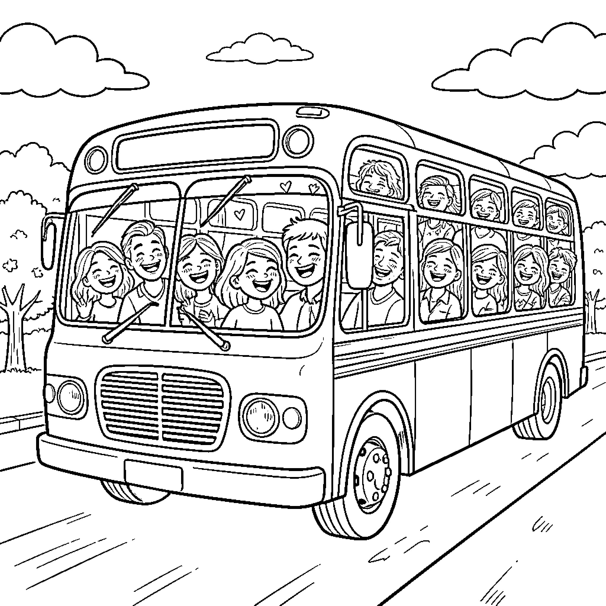Bus filled with happy passengers on the road Coloring Page (free black-and-white line drawing printable PDF for all, from beginners to advanced learners, including children, teens, adults, and seniors)