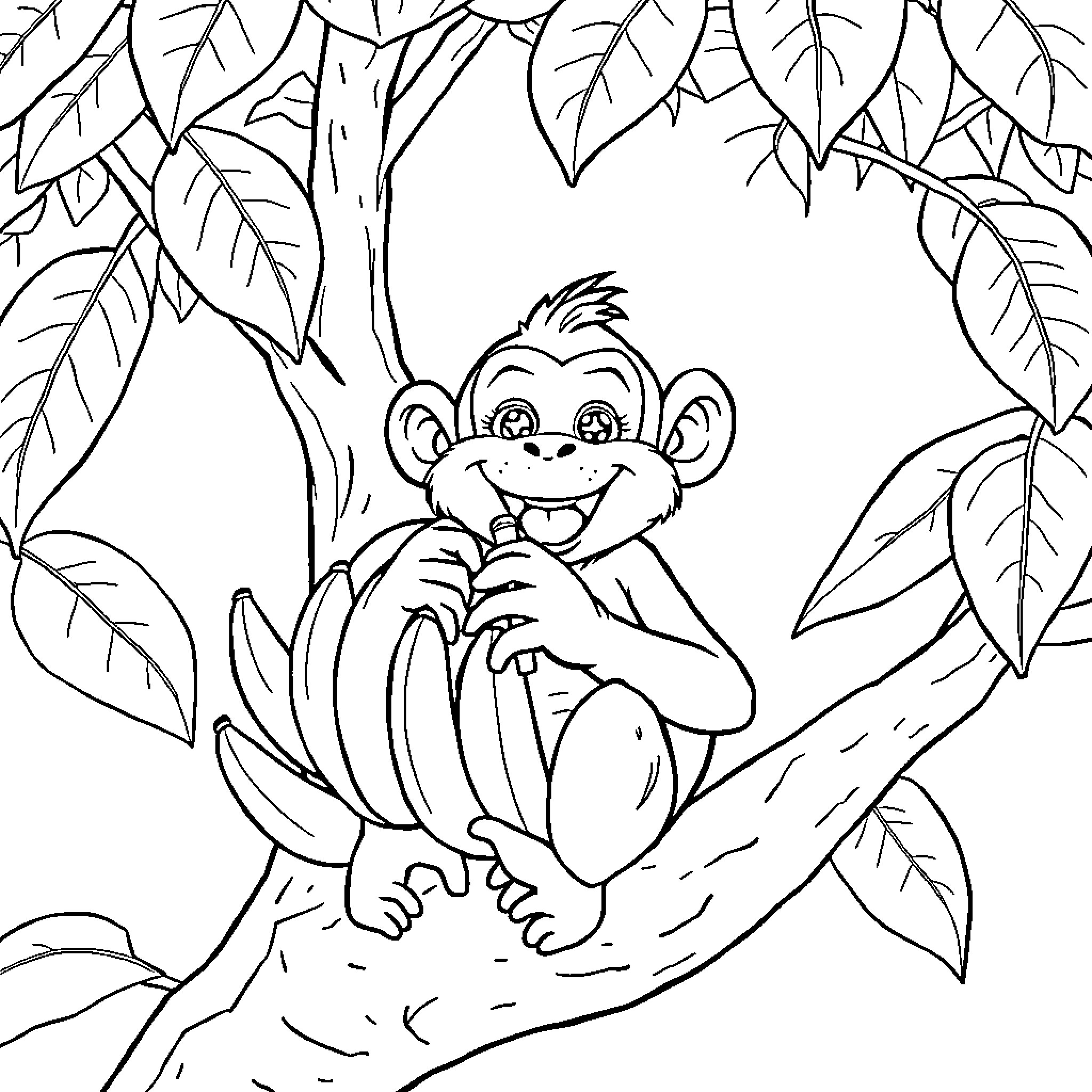 Monkey playing joyfully in the jungle foliage Coloring Page (free black-and-white line drawing printable PDF for all, from beginners to advanced learners, including children, teens, adults, and seniors)
