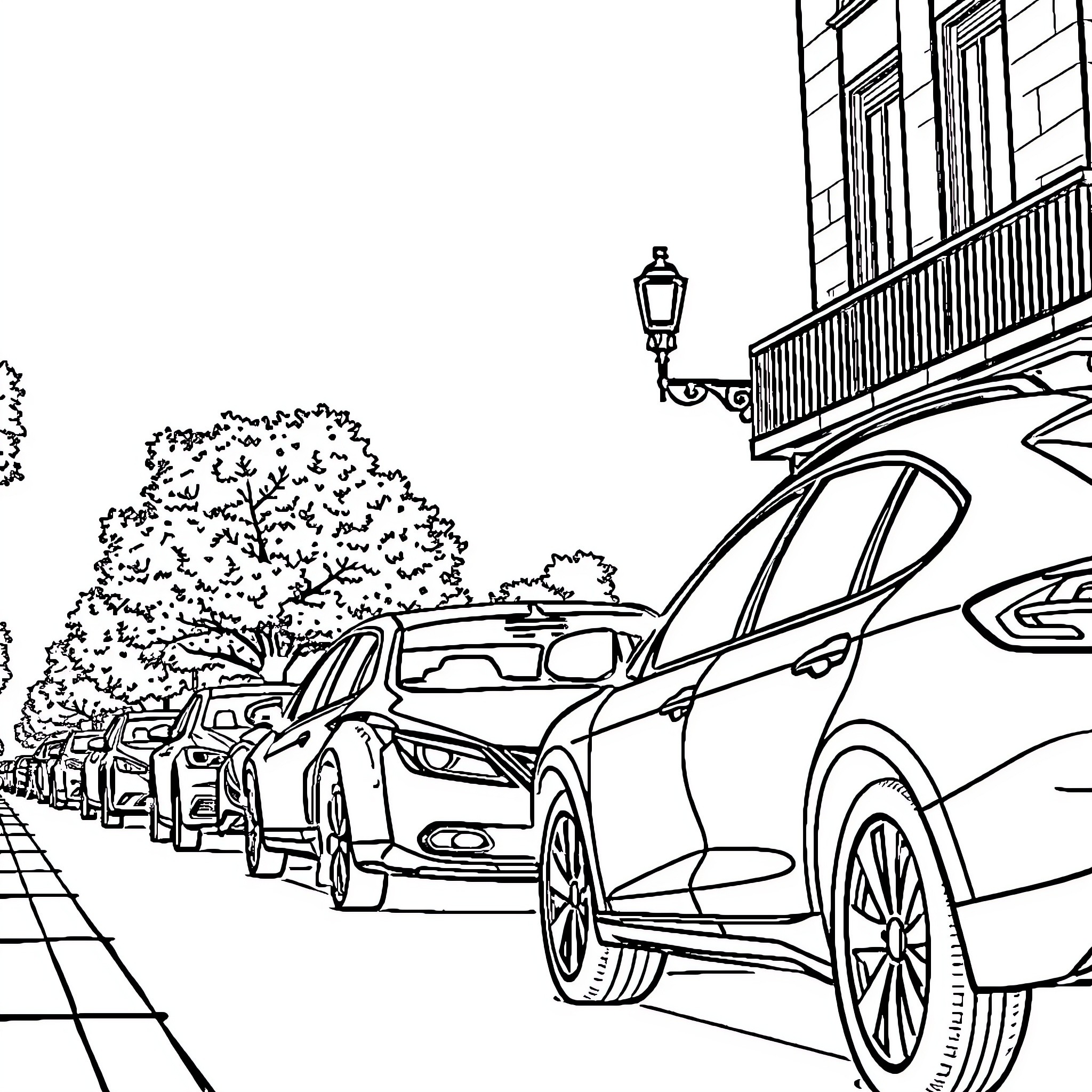 Car parked on street near buildings and trees Coloring Page (free black-and-white line drawing printable PDF for all, from beginners to advanced learners, including children, teens, adults, and seniors)