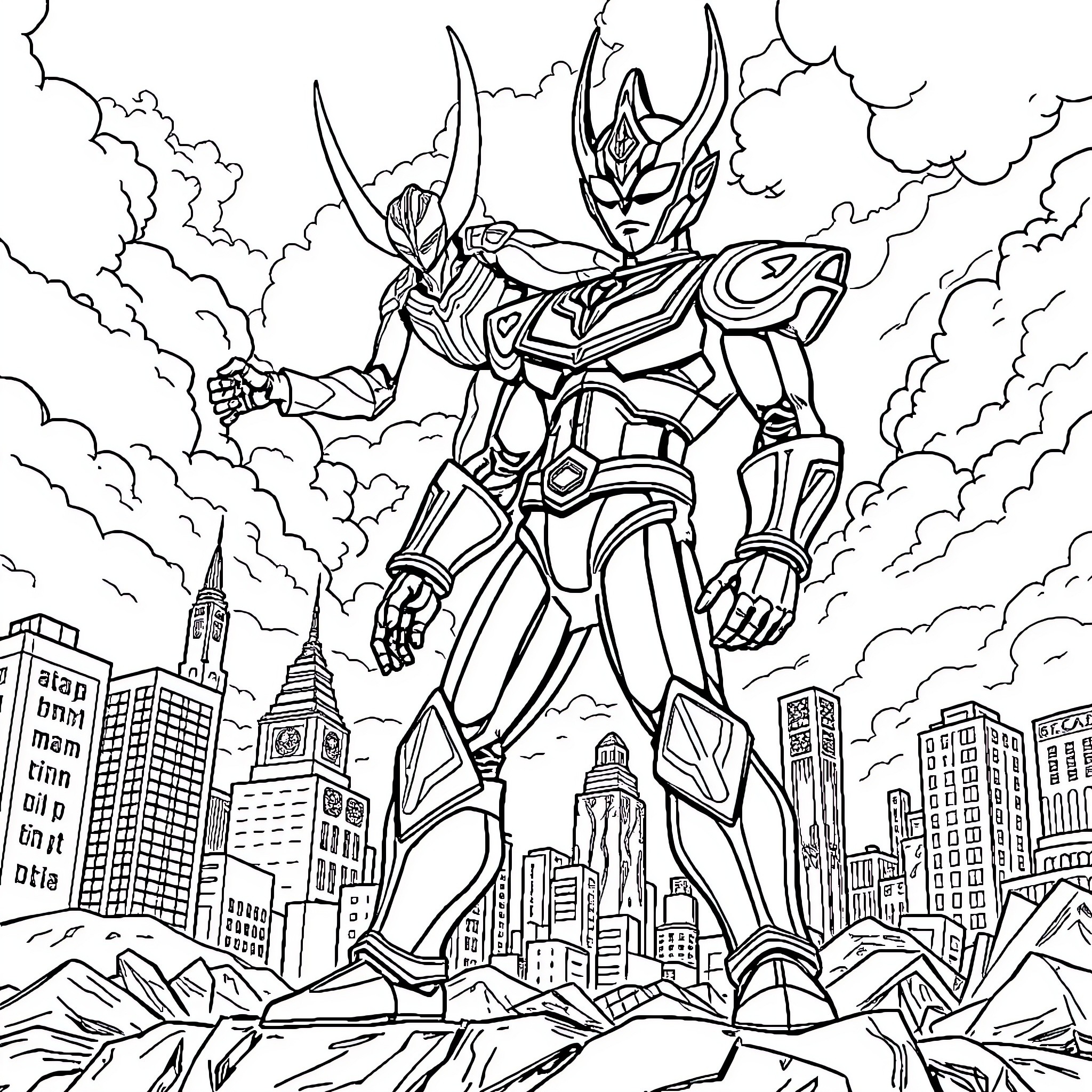 Ultramen defending the city with heroic poses Coloring Page (free black-and-white line drawing printable PDF for all, from beginners to advanced learners, including children, teens, adults, and seniors)