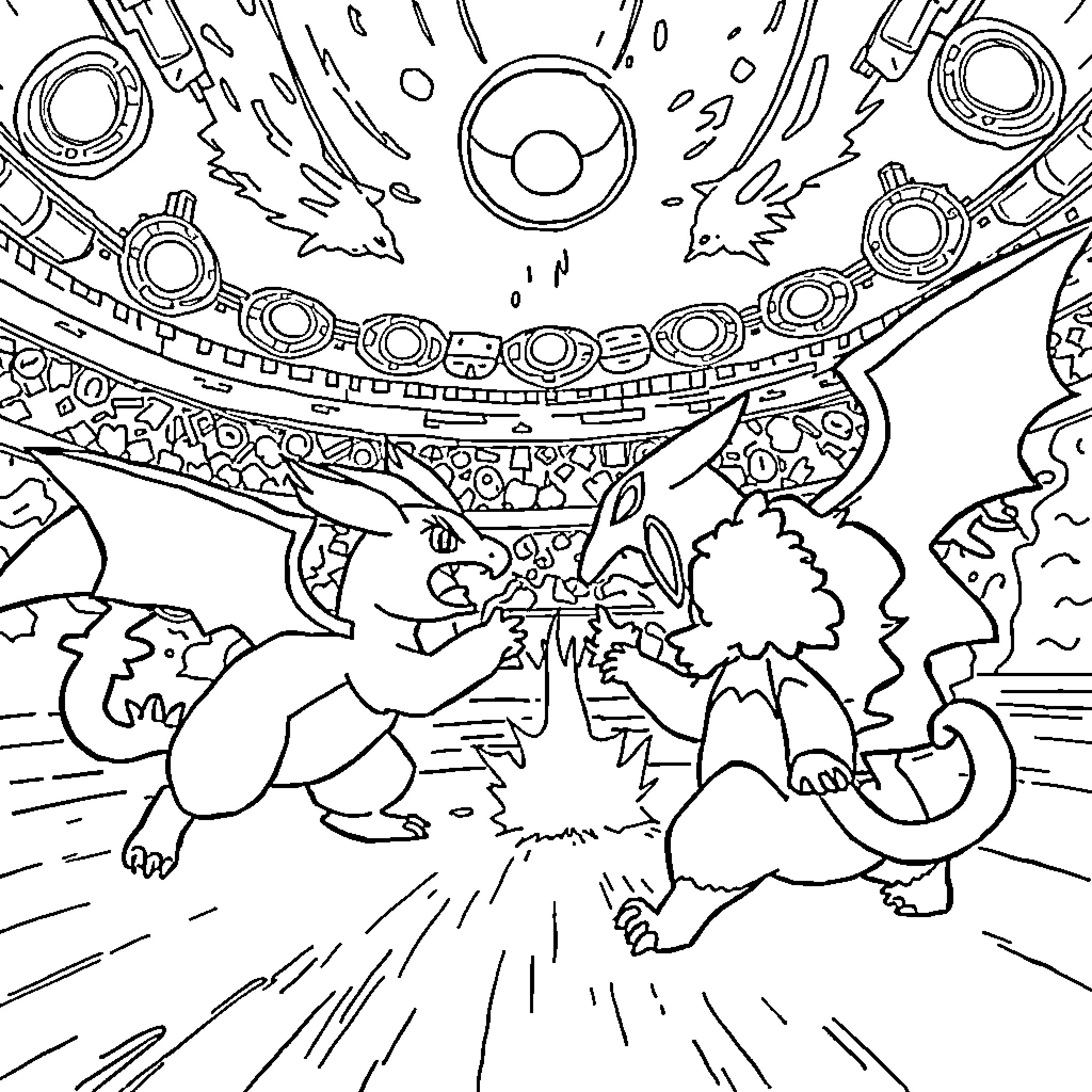 Pokémon battle with mystical elements Coloring Page (free black-and-white line drawing printable PDF for all, from beginners to advanced learners, including children, teens, adults, and seniors)