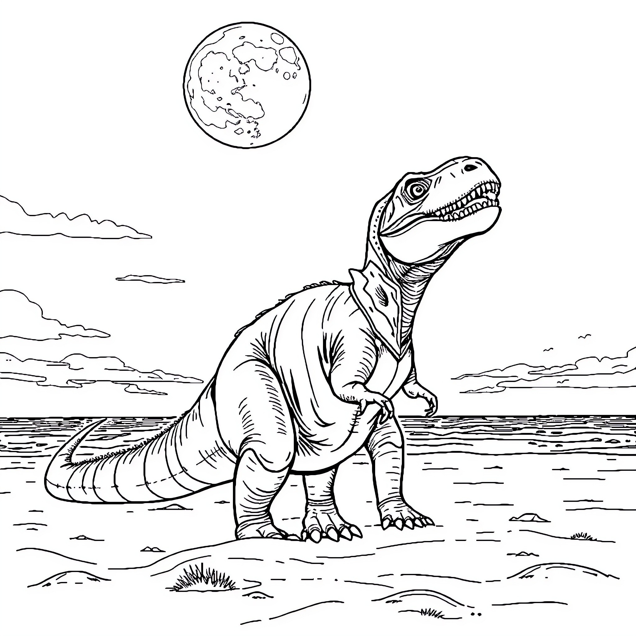 Dinosaur roaring in the moonlit wilderness Coloring Page (free black-and-white line drawing printable PDF for all, from beginners to advanced learners, including children, teens, adults, and seniors)