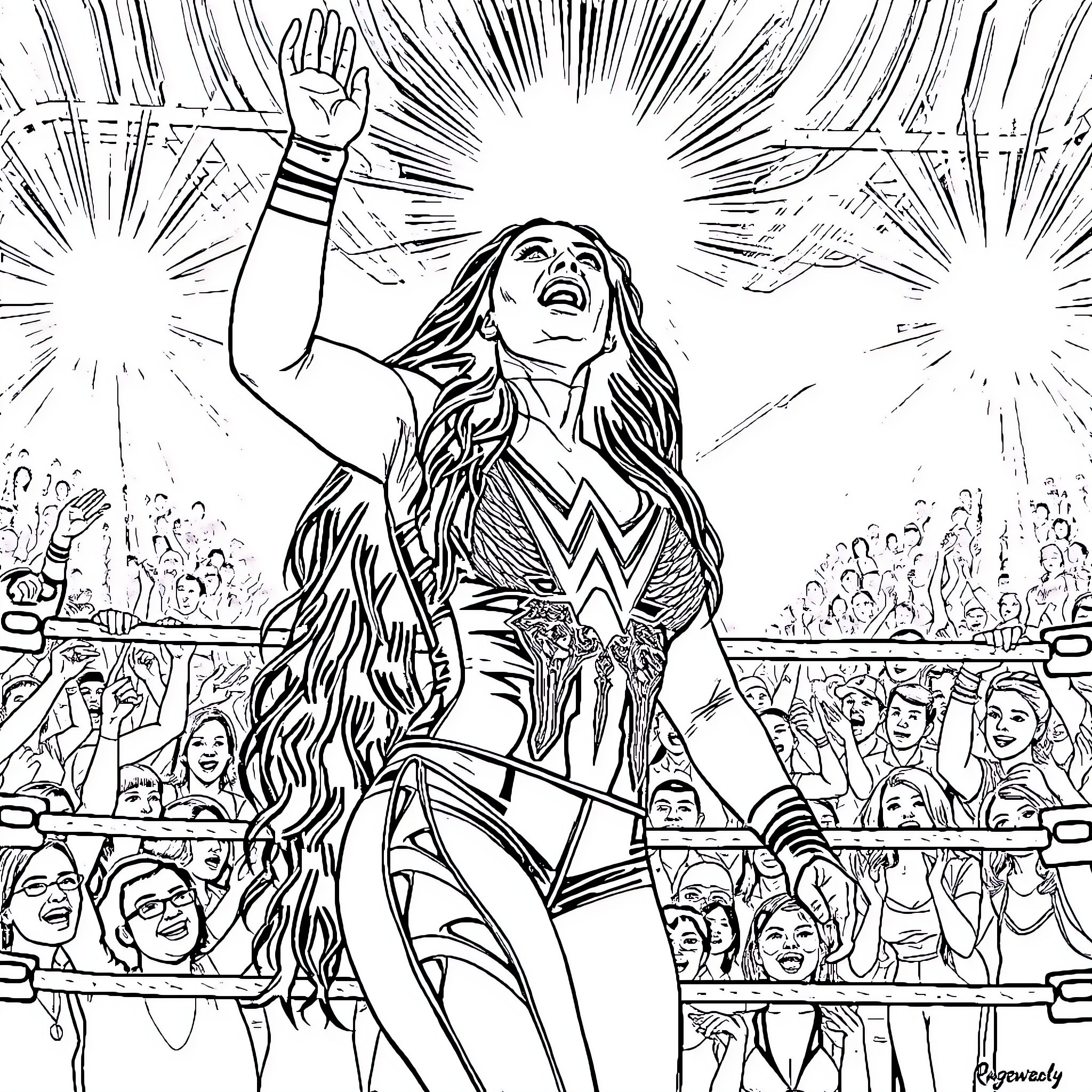 AJ Lee performing in front of cheering crowd Coloring Page (free black-and-white line drawing printable PDF for all, from beginners to advanced learners, including children, teens, adults, and seniors)