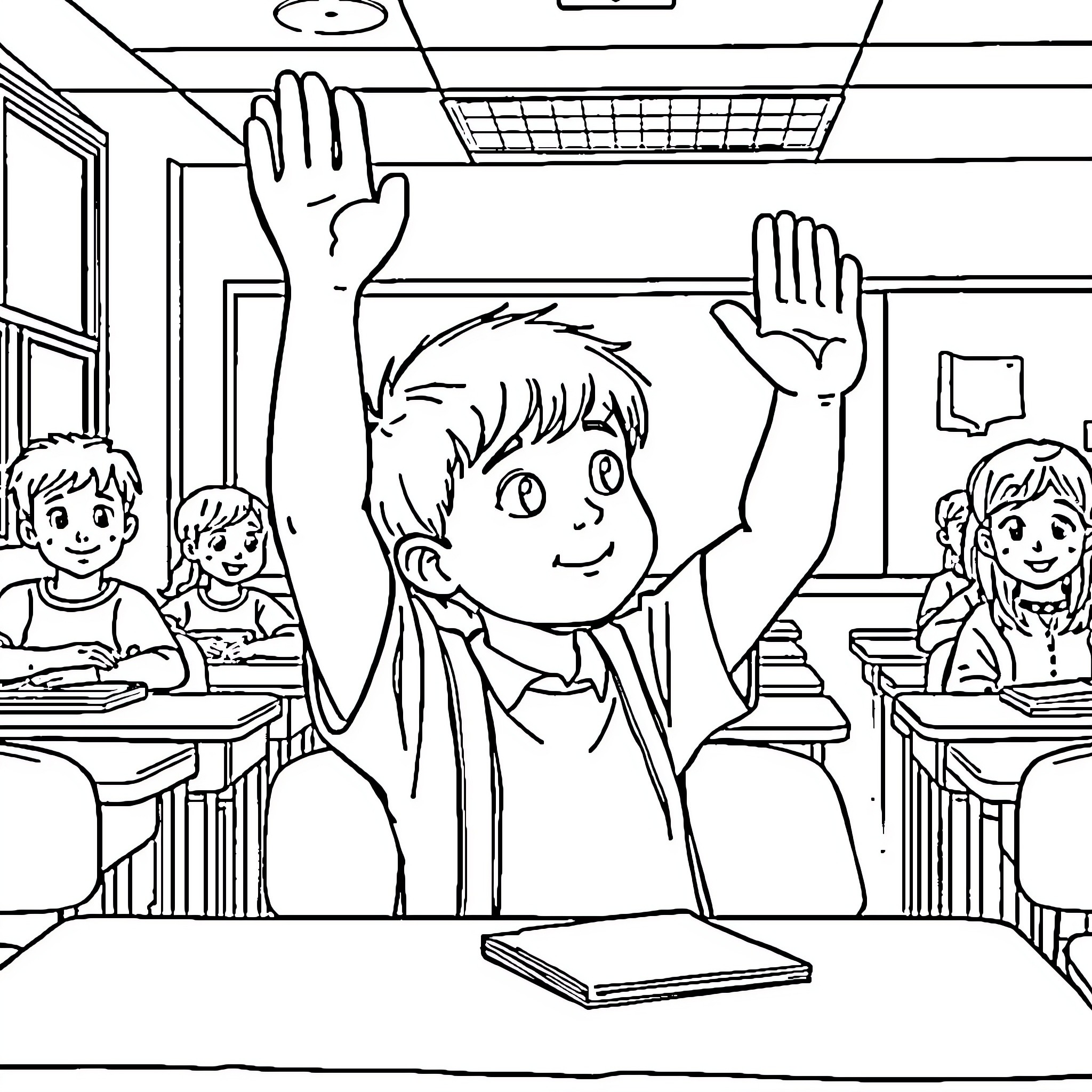 Student Raising Hand in Classroom Setting Coloring Page (free black-and-white line drawing printable PDF for all, from beginners to advanced learners, including children, teens, adults, and seniors)